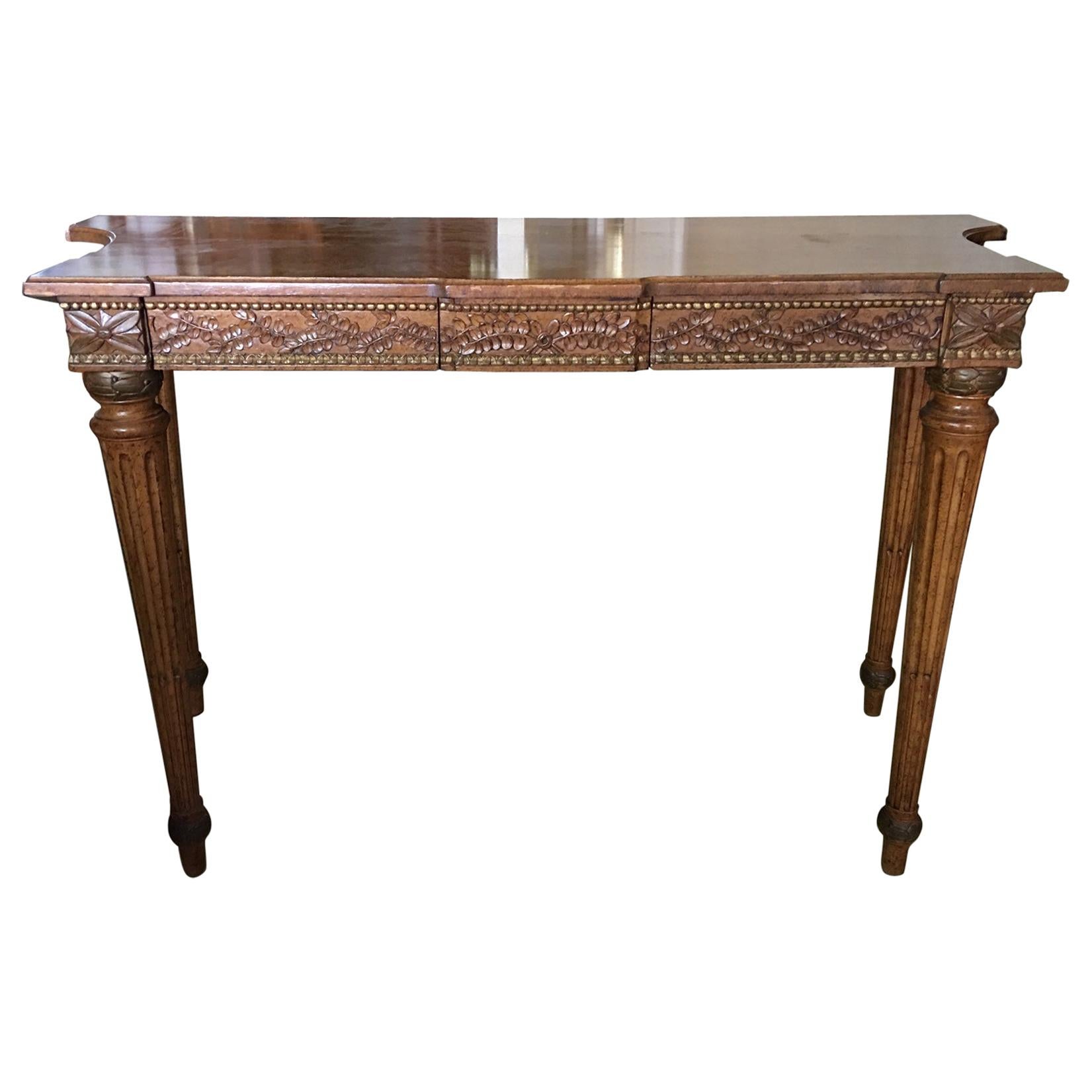 Walnut Console with a Carved Decorative Apron and Two Drawers, 20th Century