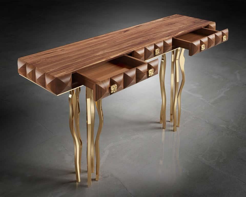 Italian In Stock in Los Angeles, Walnut Console Table with Gold-Plated Brass Legs For Sale