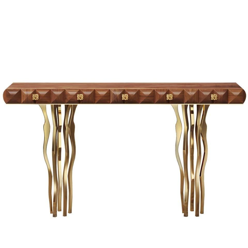 In Stock in Los Angeles, Walnut Console Table with Gold-Plated Brass Legs For Sale 1