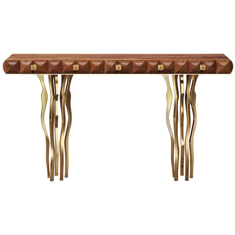 In stock a Los Angeles, Tavolo da console in noce con gambe in ottone placcato oro in vendita
