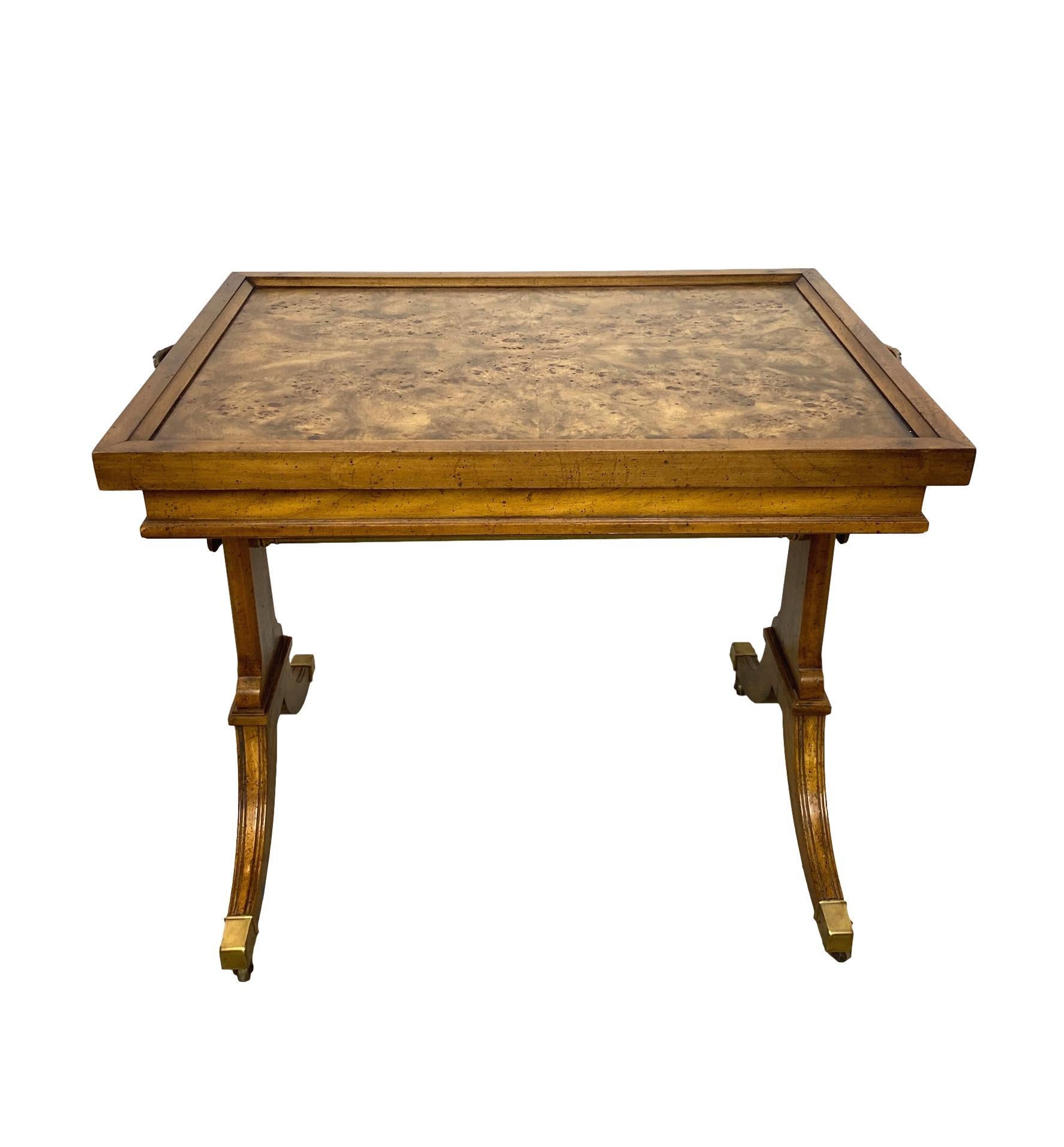 Regency style walnut convertible inlaid chess table/tea table with backgammon board interior, with highly figured walnut top, the reverse with a contrasting walnut inlaid chessboard, with a backgammon board underneath the removable top, with solid
