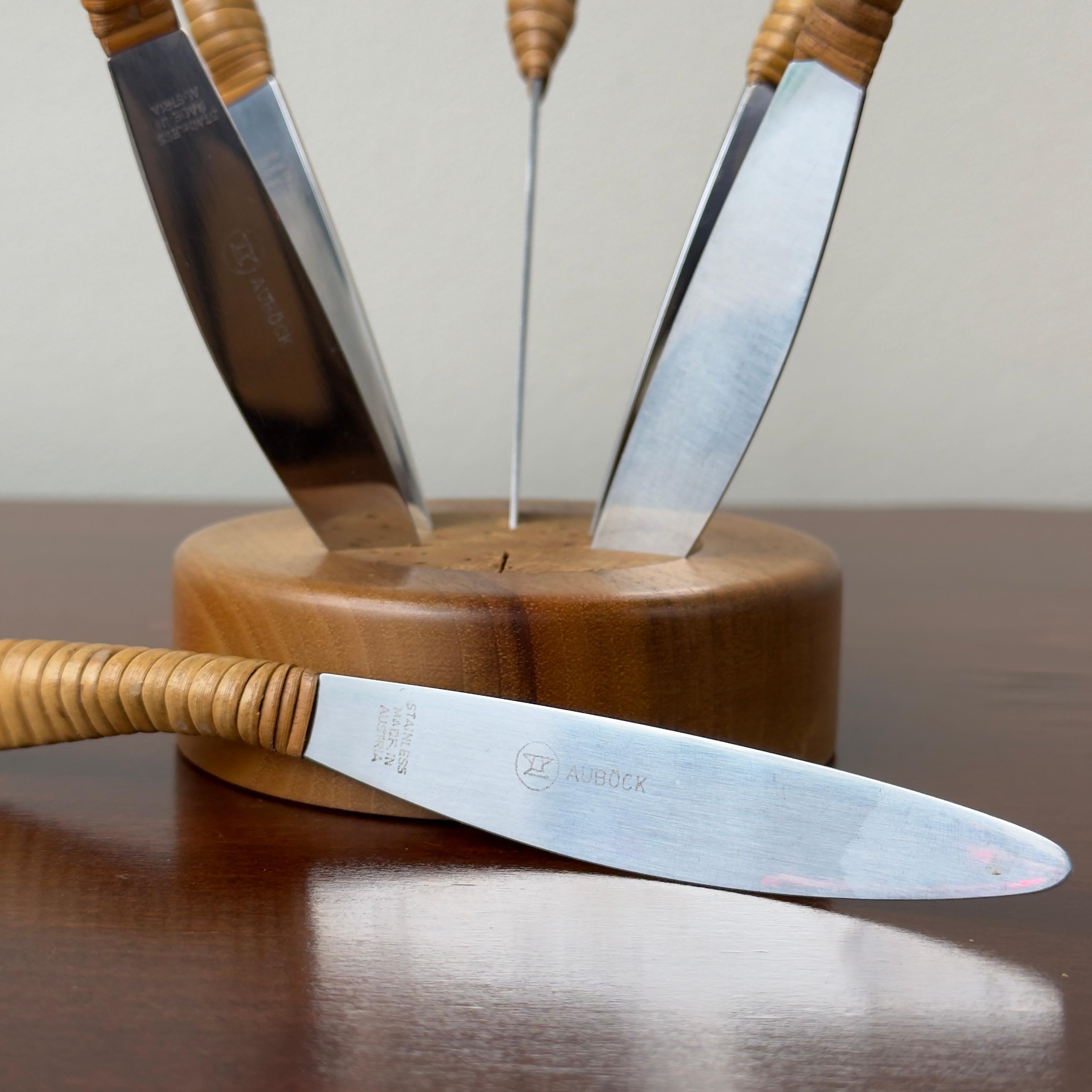 Mid-20th Century Walnut, Cork & Cane Fruit Knife Set, Carl Auböck II For Sale
