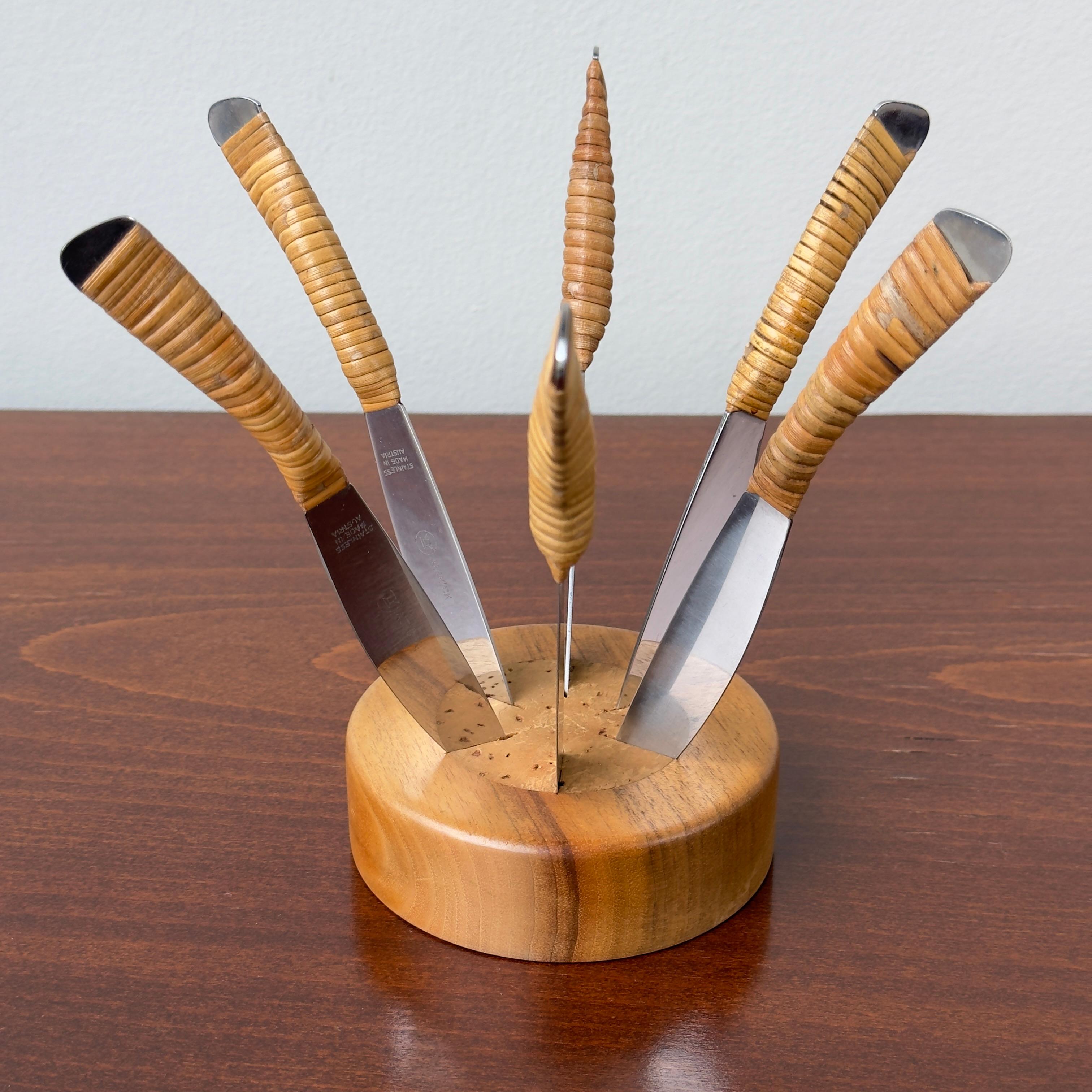 Walnut, Cork & Cane Fruit Knife Set, Carl Auböck II For Sale 2