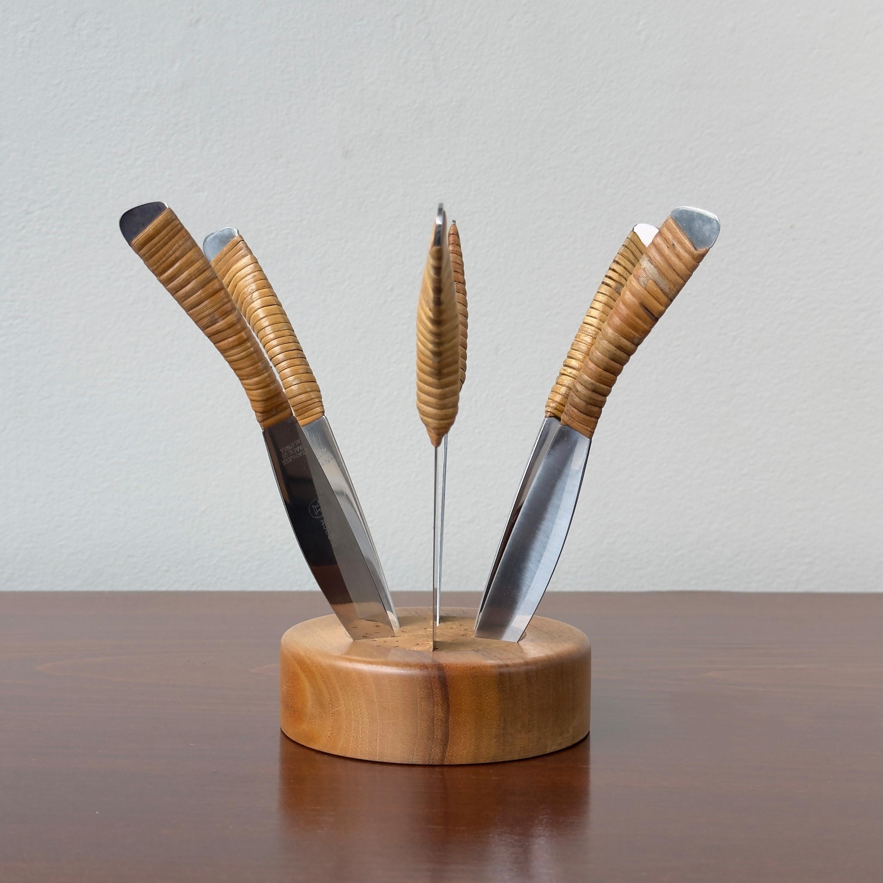 Walnut, Cork & Cane Fruit Knife Set, Carl Auböck II For Sale 3