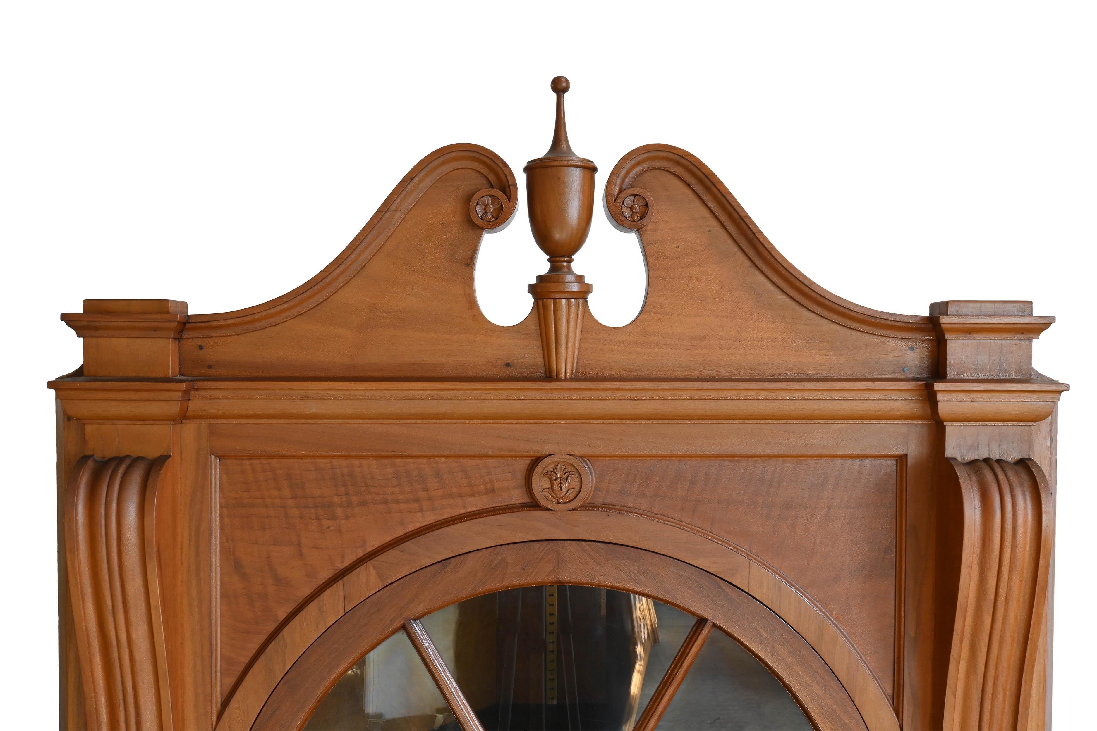 American Walnut Corner Cabinet with Arched Window and Urn Finial