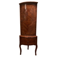 Antique Walnut corner cabinet with one door, veneered with inlays, Italy