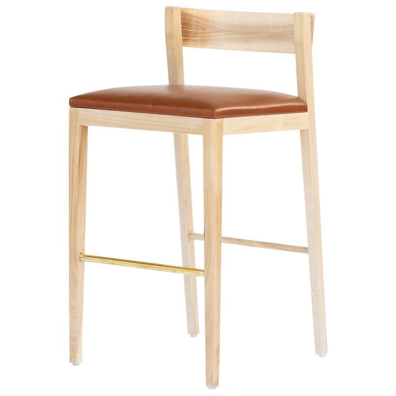 Tabouret de comptoir en noyer avec revêtement en cuir noir ou marron