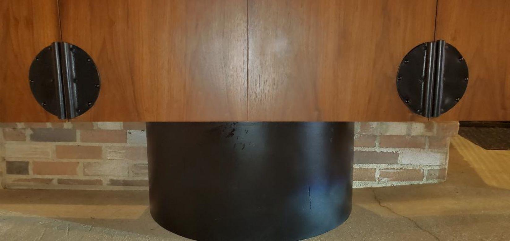 Walnut Credenza By Steelcase Black Circular Leather Pulls Black Half Moon Base For Sale 6