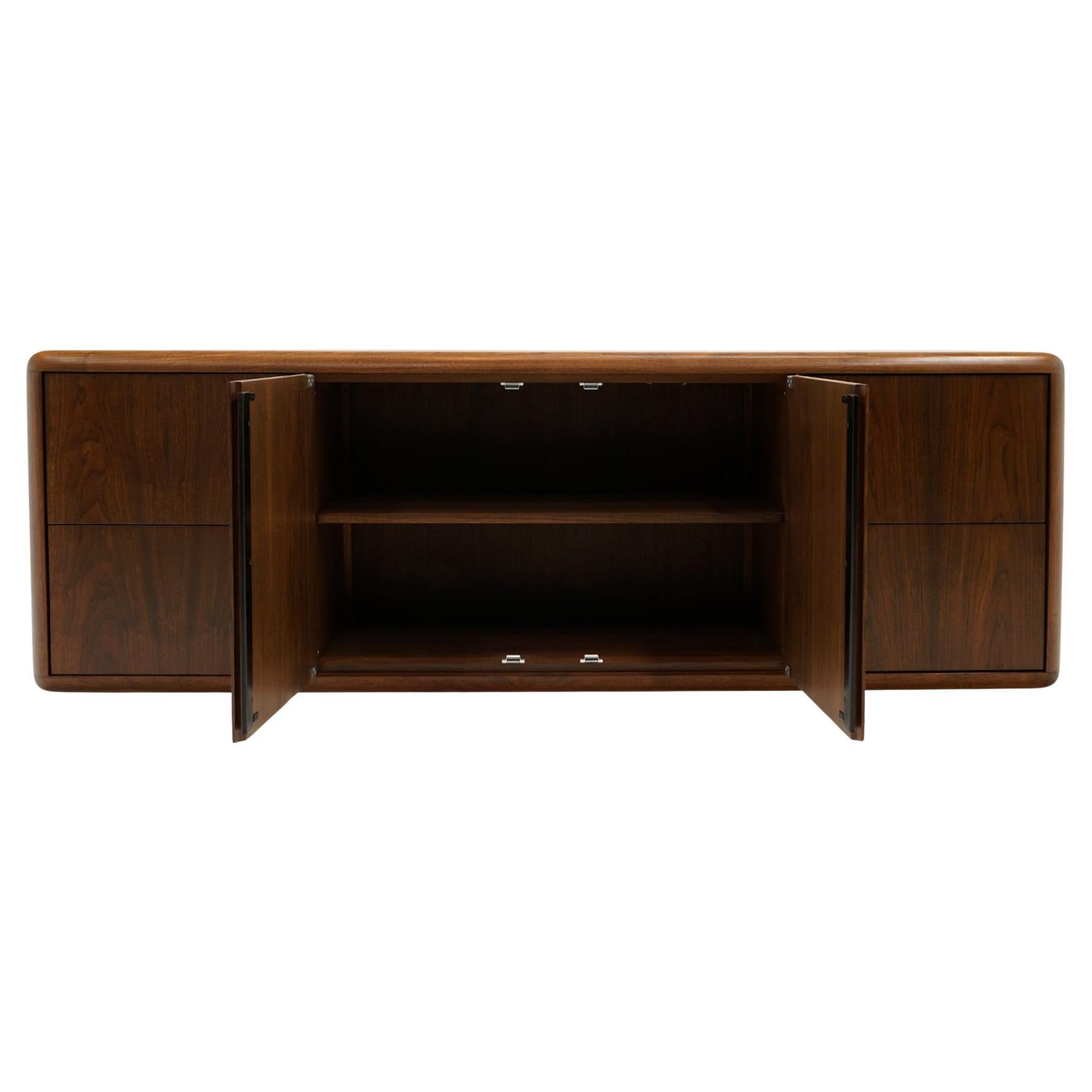 Mid-Century Modern Walnut Credenza, Chrome Recessed Base by Office Suites Inc. Expertly Refinished For Sale