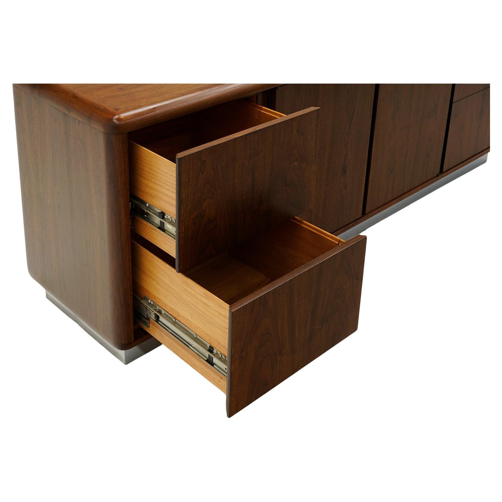 American Walnut Credenza, Chrome Recessed Base by Office Suites Inc. Expertly Refinished For Sale
