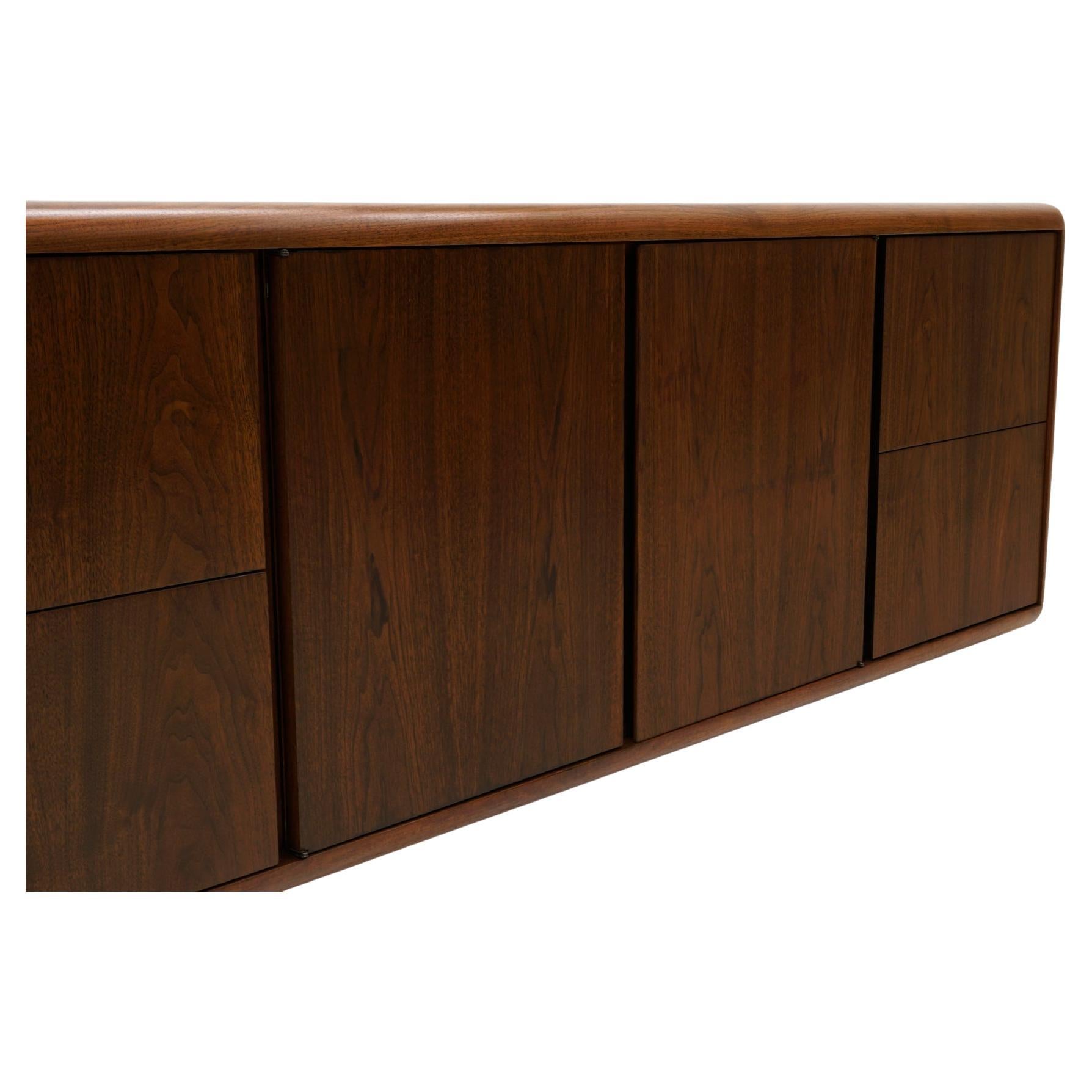 Mid-20th Century Walnut Credenza, Chrome Recessed Base by Office Suites Inc. Expertly Refinished For Sale