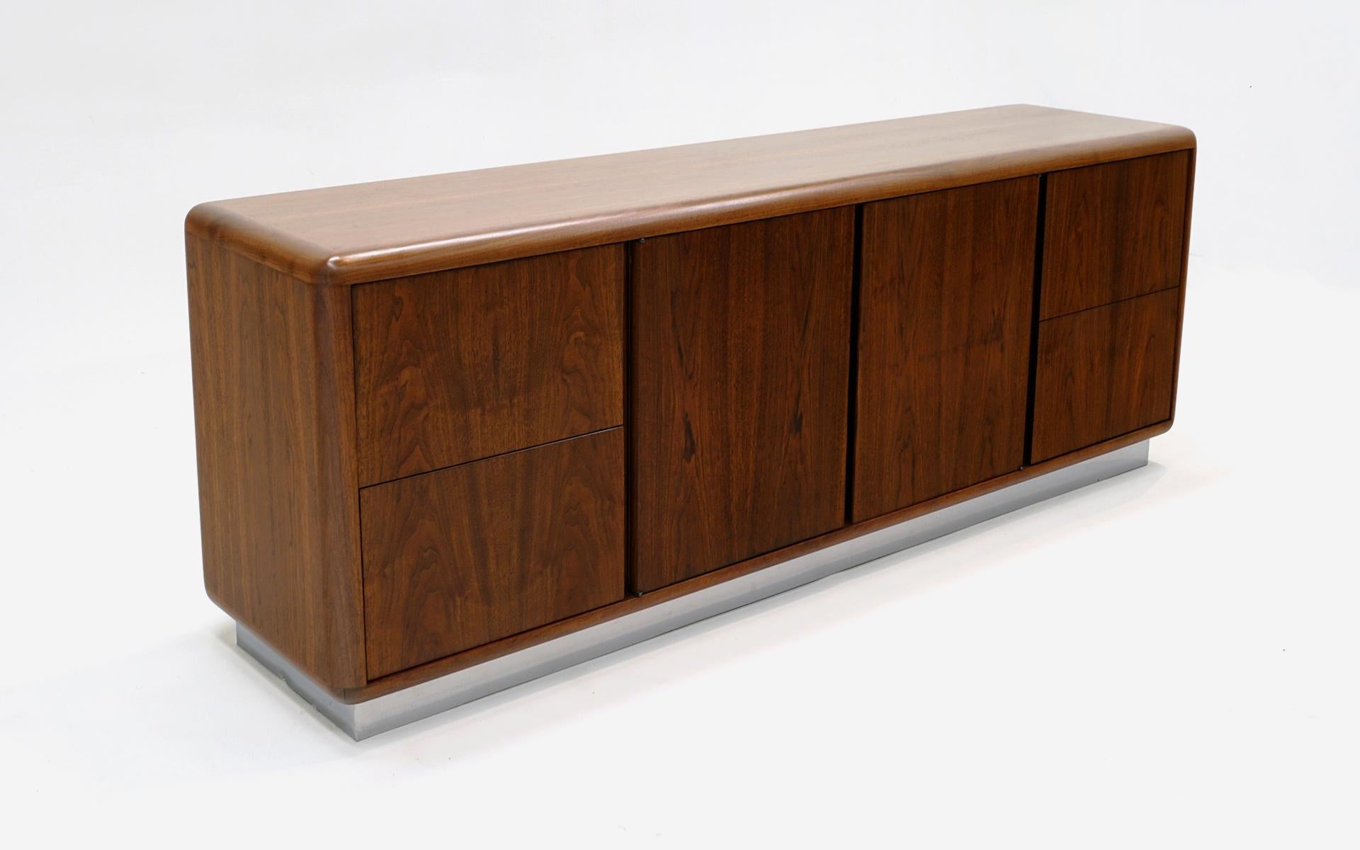 Walnut Credenza, Chrome Recessed Base by Office Suites Inc. Expertly Refinished For Sale 1