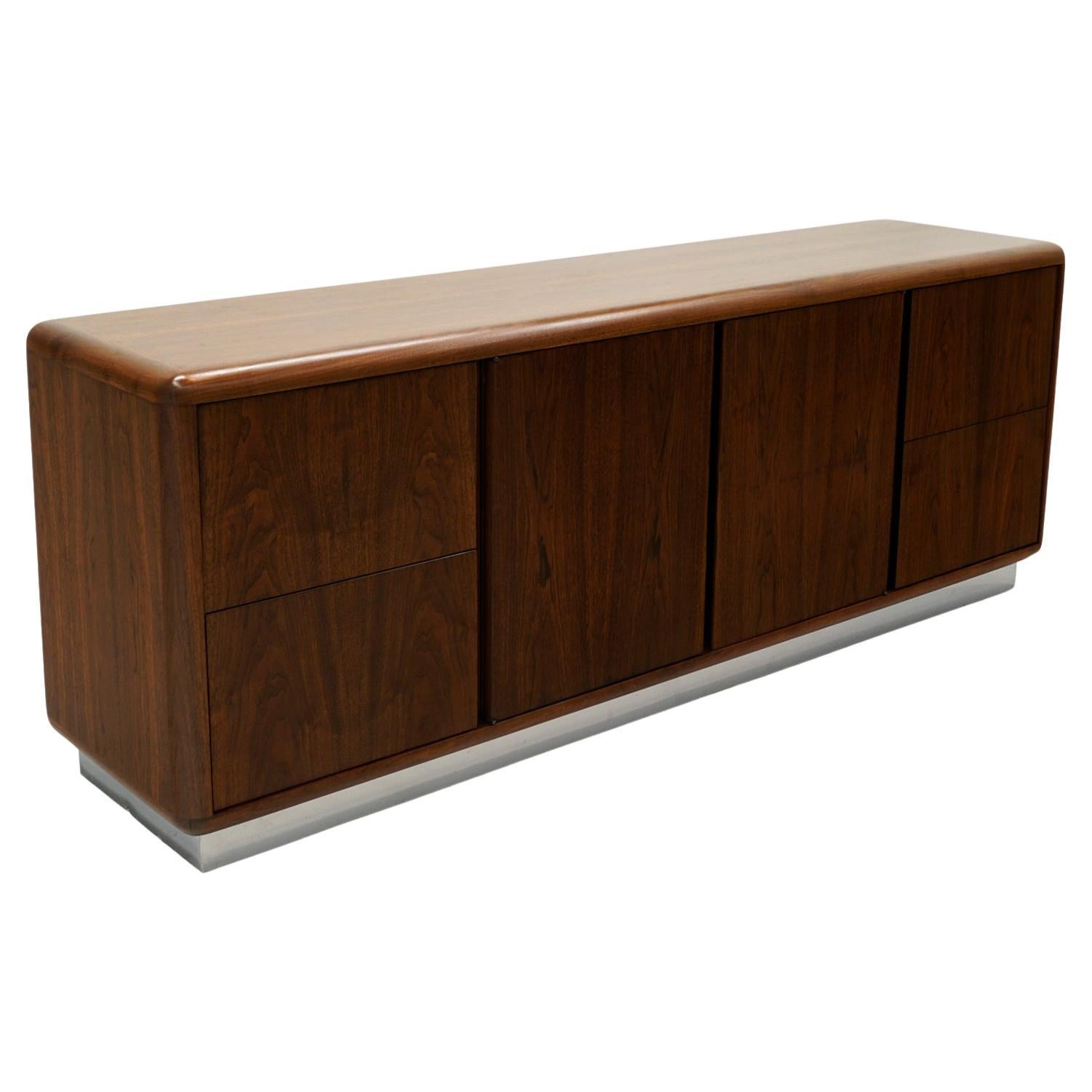 Walnut Credenza, Chrome Recessed Base by Office Suites Inc. Expertly Refinished For Sale