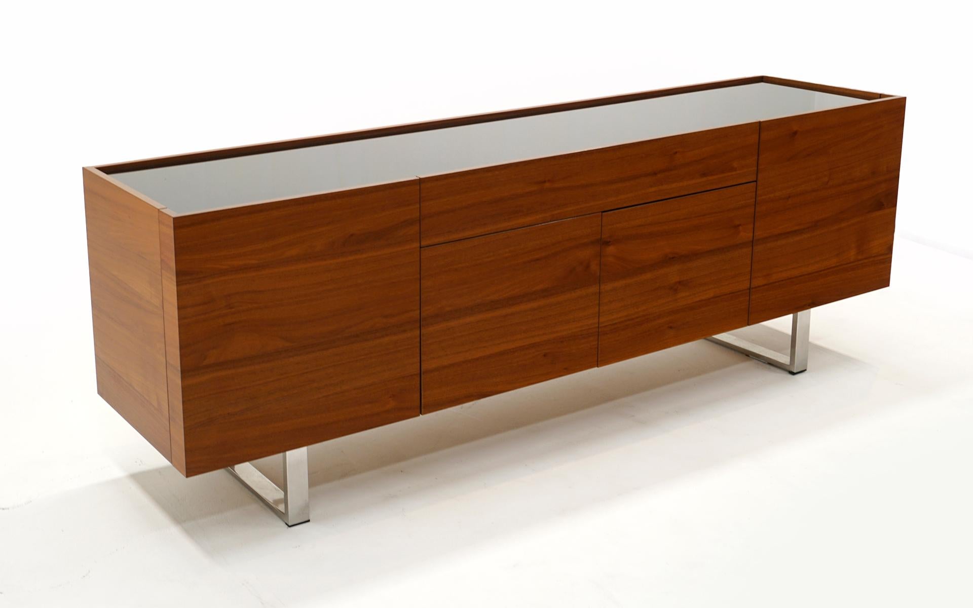 Modern Walnut Credenza w/ Black Glass Top, Chrome Sled Base by Calligaris, Italy, 2010 For Sale