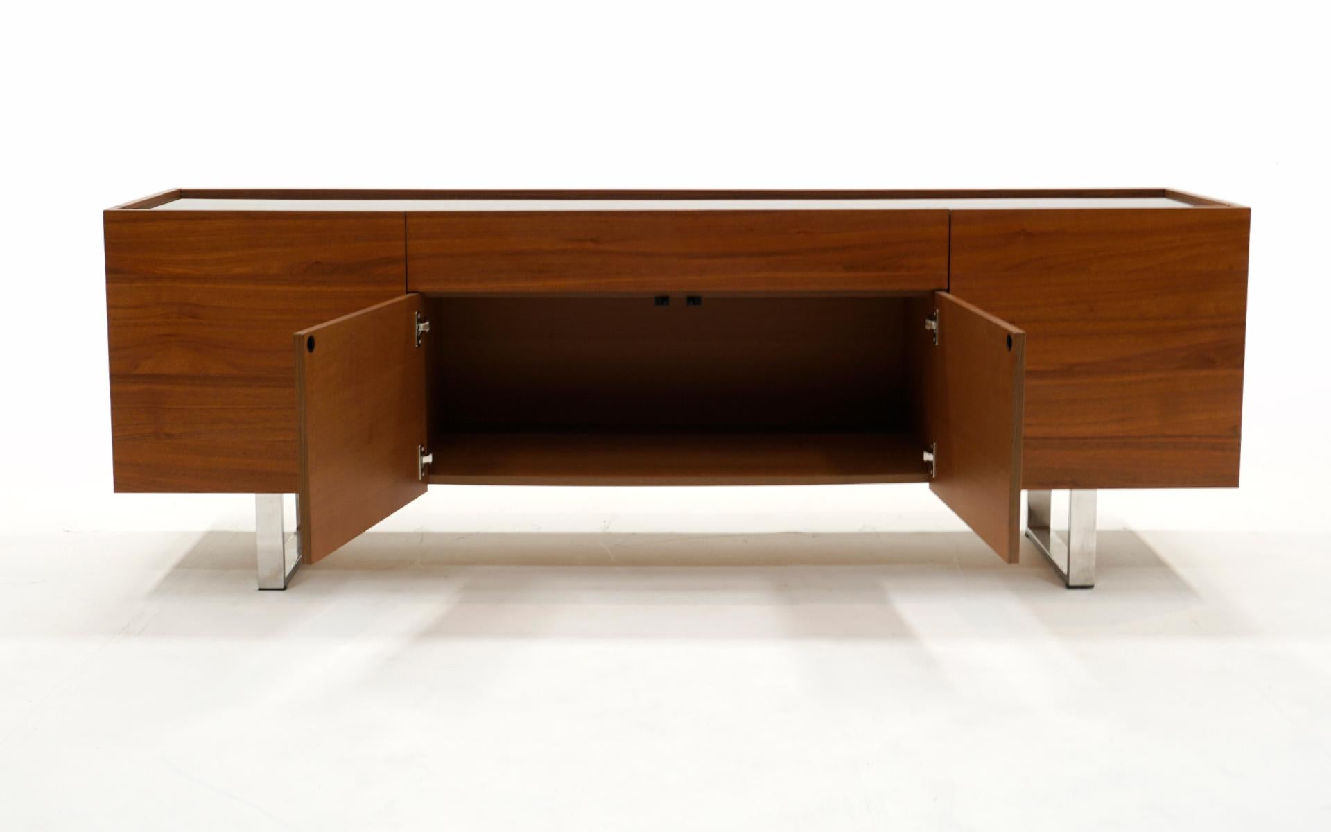 Contemporary Walnut Credenza w/ Black Glass Top, Chrome Sled Base by Calligaris, Italy, 2010 For Sale