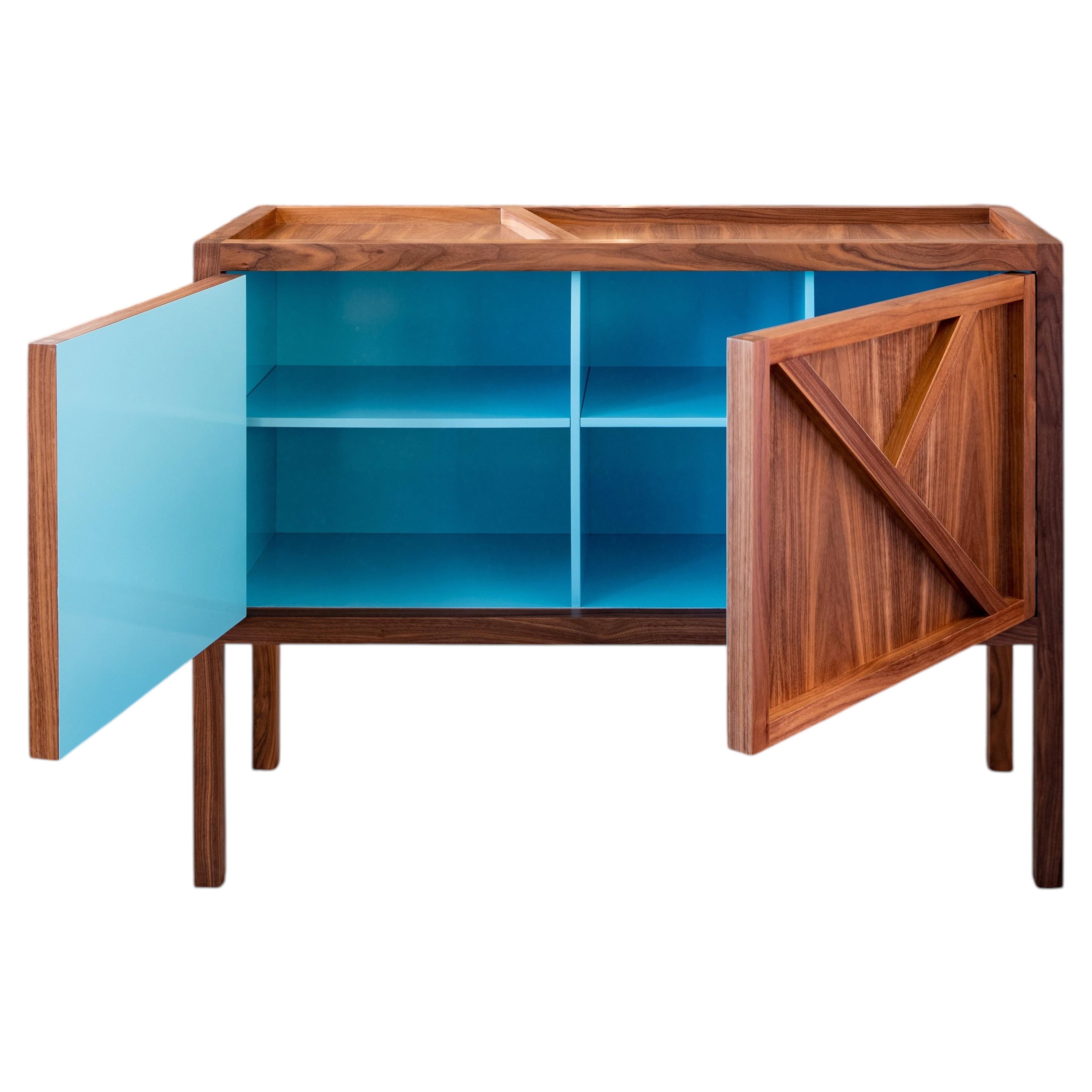 Walnut Credenza with Cerulean Lacquer Interior — Modern Sideboard, Handmade For Sale