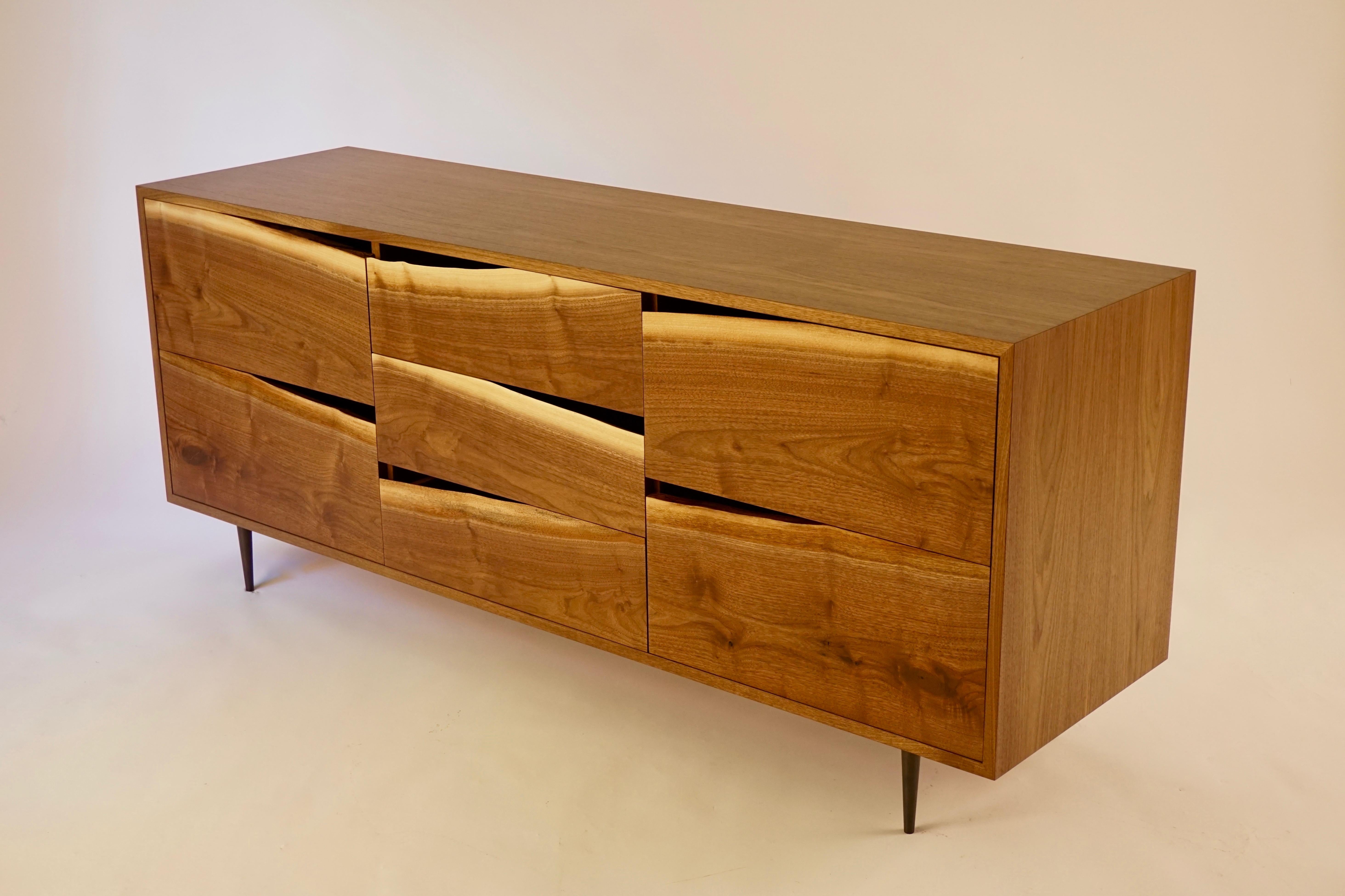 American Walnut Credenza with Natural Edged Drawer-Fronts and Turned Bronze Legs For Sale