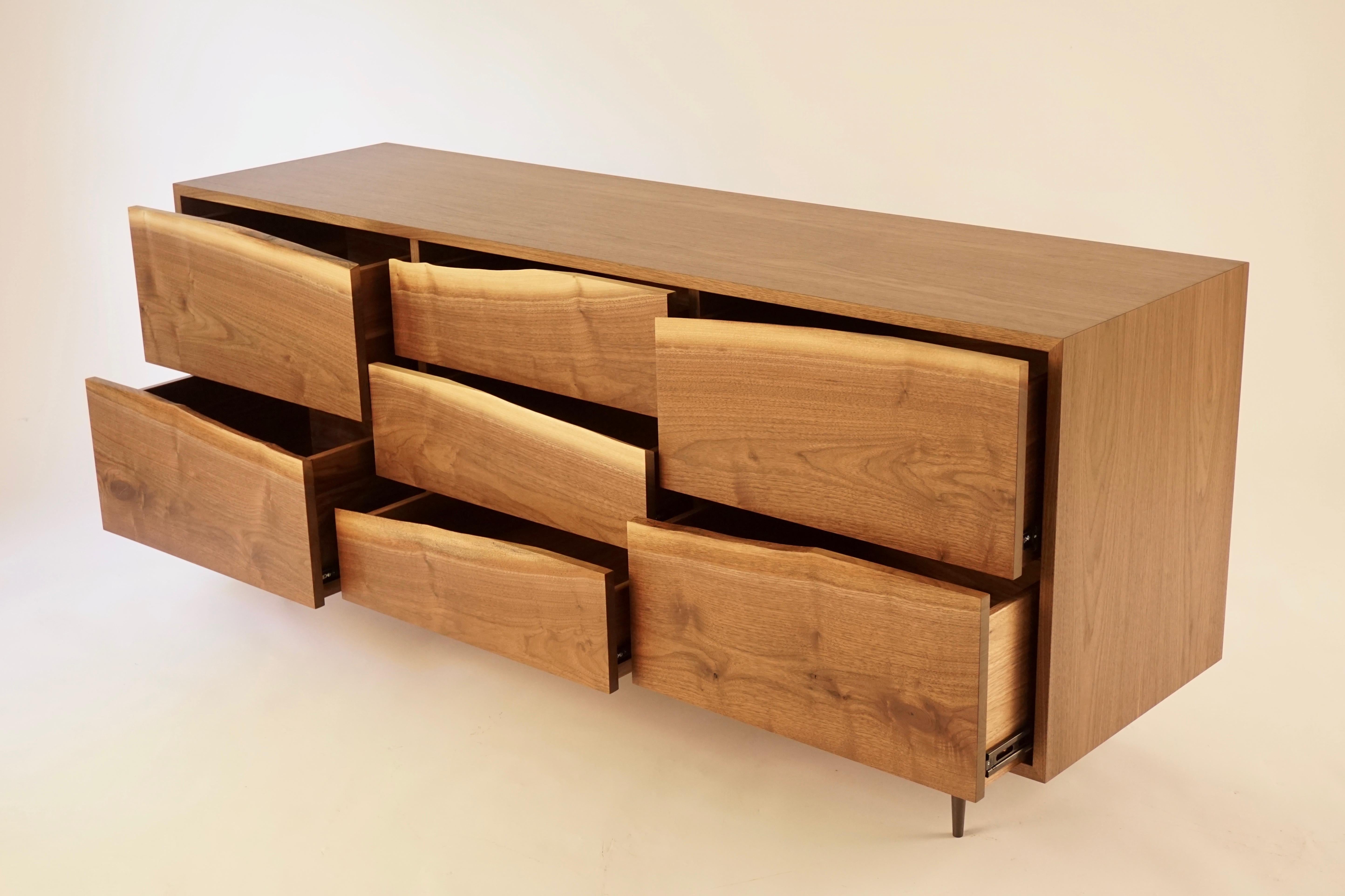 Blackened Walnut Credenza with Natural Edged Drawer-Fronts and Turned Bronze Legs For Sale