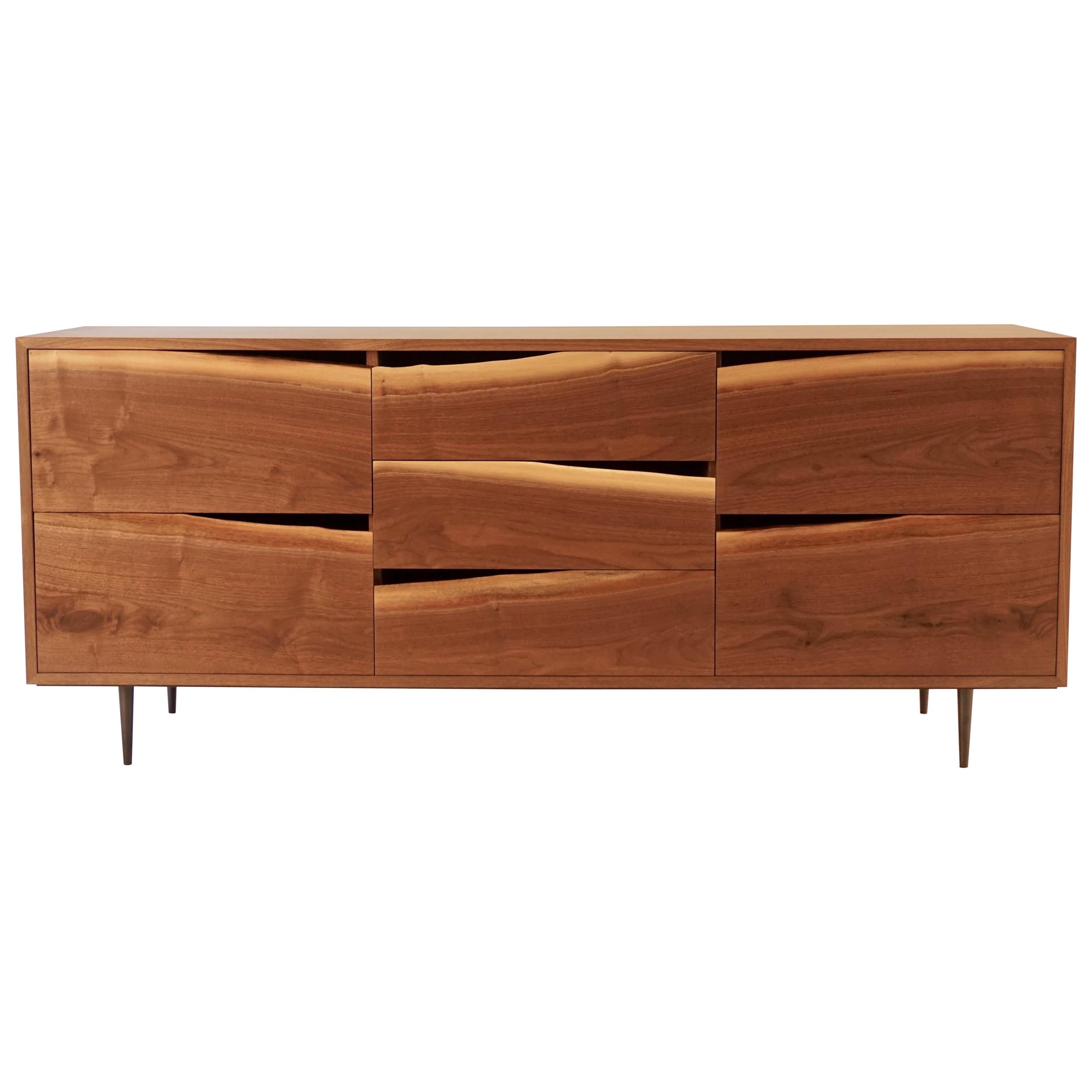 Walnut Credenza with Natural Edged Drawer-Fronts and Turned Bronze Legs For Sale
