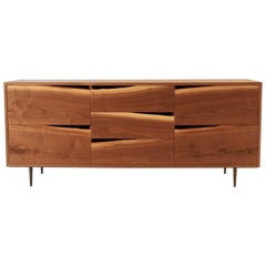 Walnut Credenza with Natural Edged Drawer-Fronts and Turned Bronze Legs