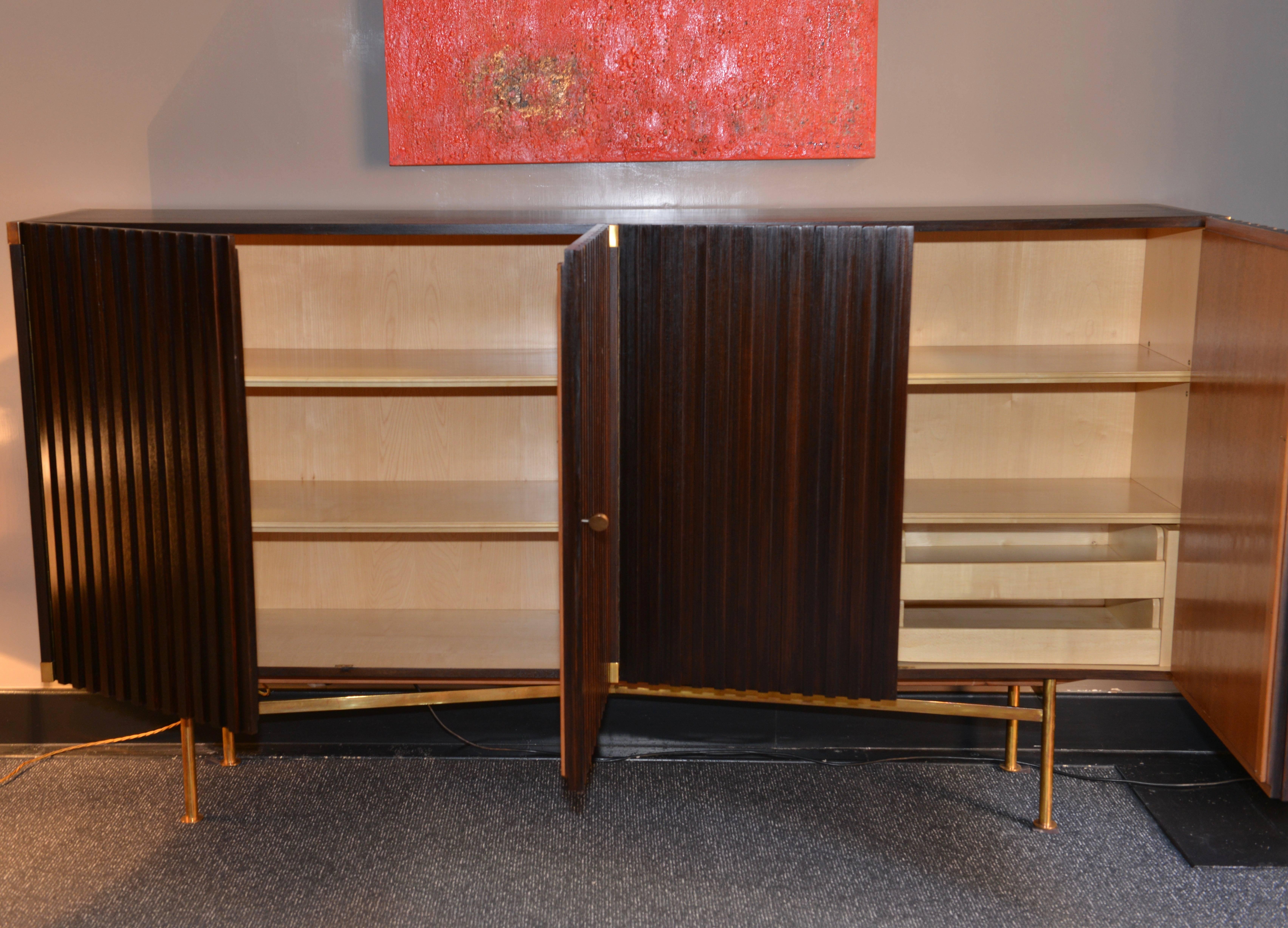 Mid-Century Modern Walnut Credenza with Slatted Doors and Brass Details, France, Late 1950s