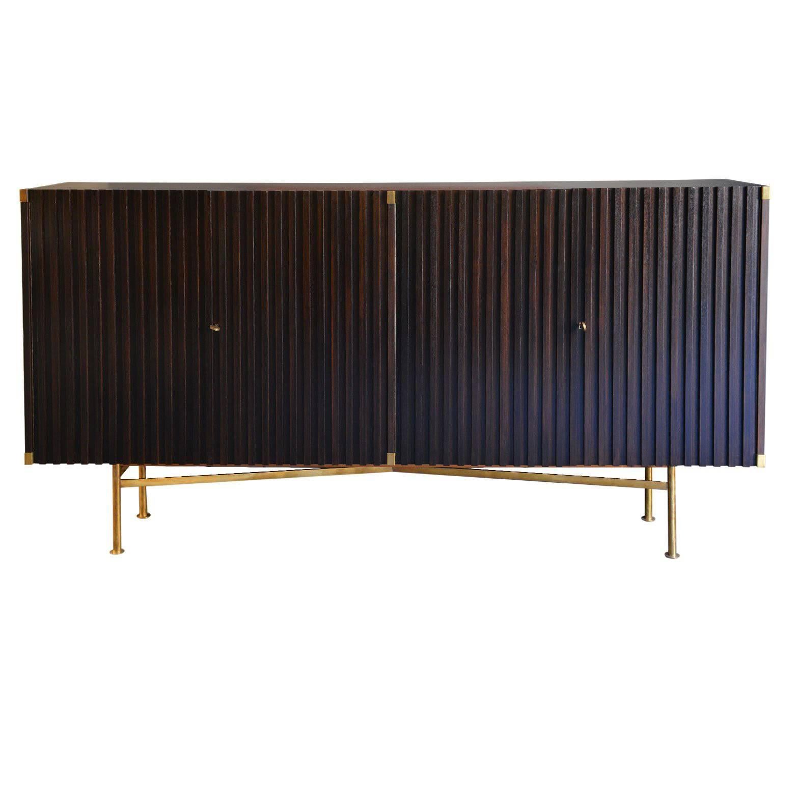 Walnut Credenza with Slatted Doors and Brass Details, France, Late 1950s