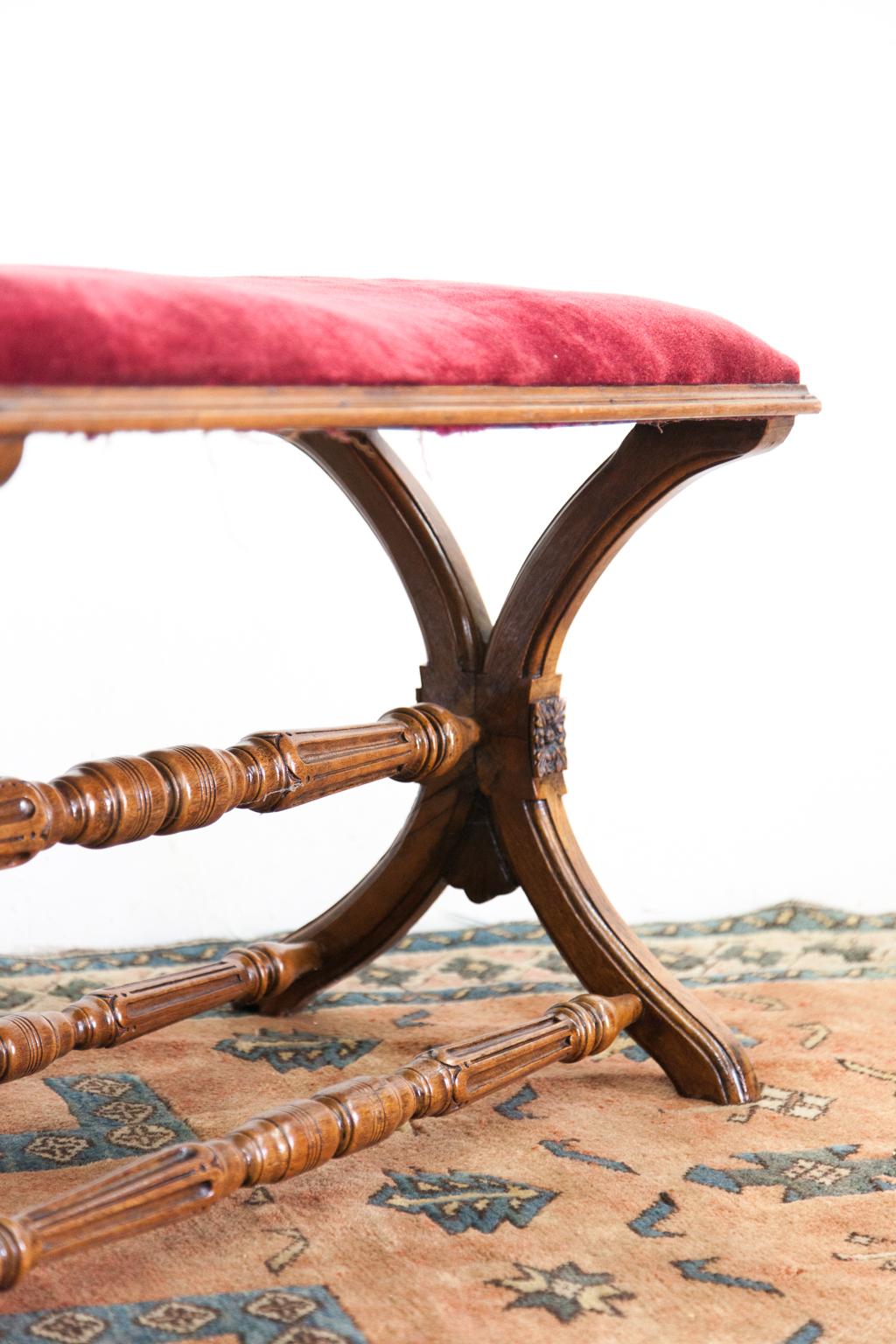 English Walnut Cross Leg Stretcher Carved Stool For Sale