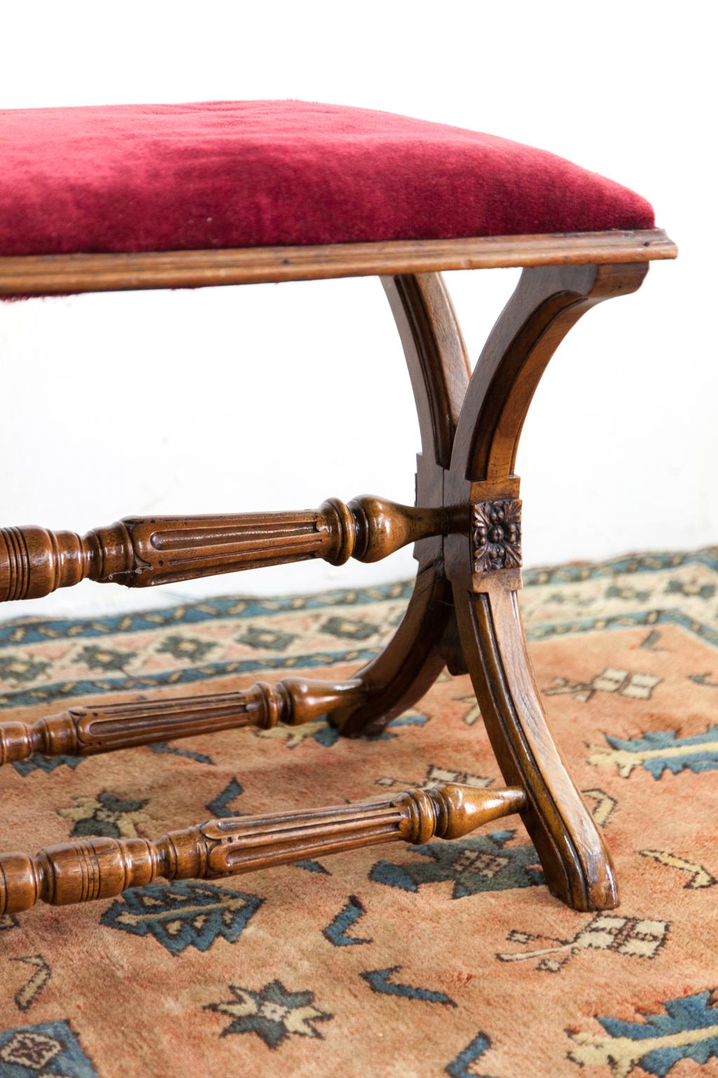 Walnut Cross Leg Stretcher Carved Stool In Good Condition For Sale In Wilson, NC