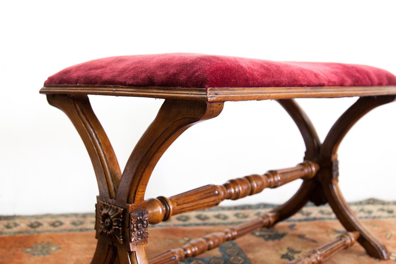 Fabric Walnut Cross Leg Stretcher Carved Stool For Sale