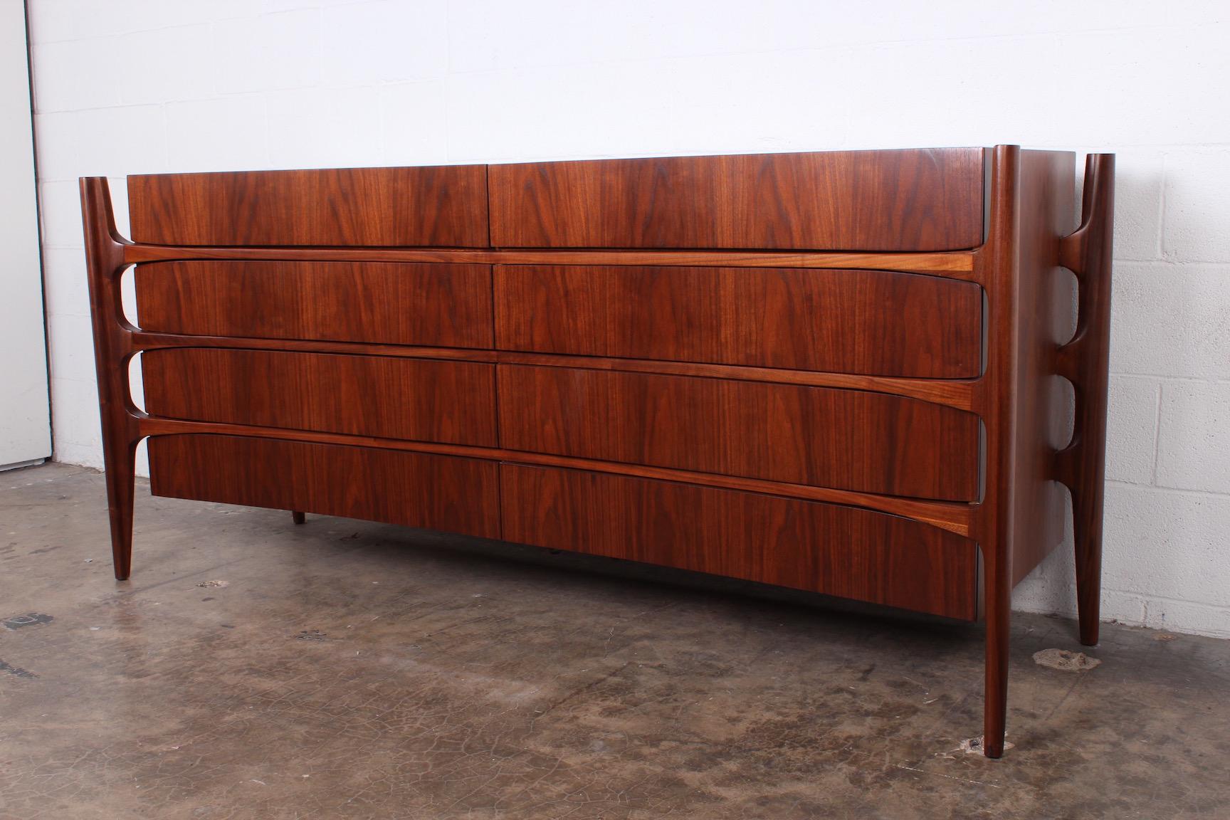 Mid-20th Century Walnut Curved Front Dresser Designed by William Hinn