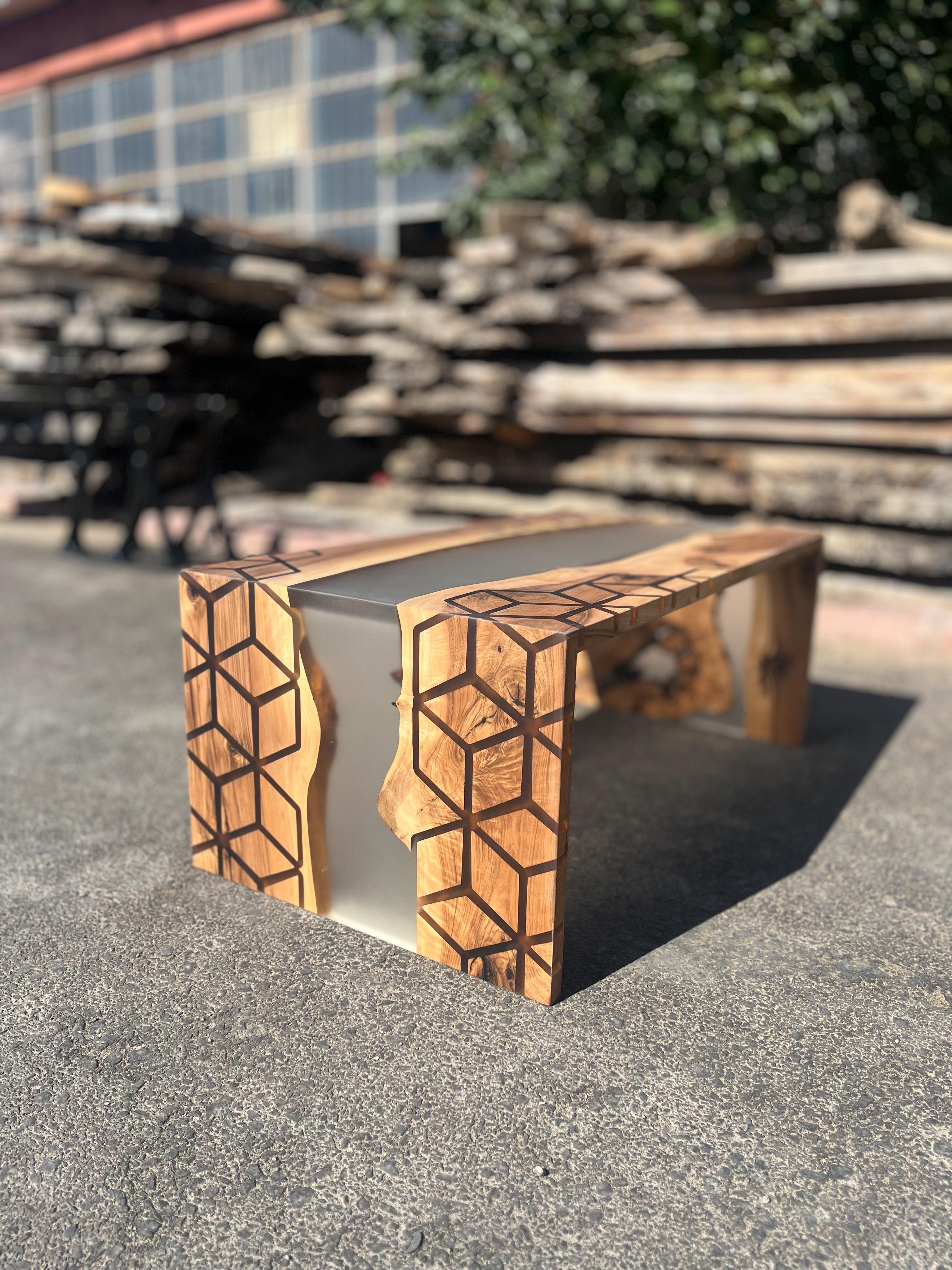 XXIe siècle et contemporain Table basse en résine époxy noyer Waterfall - Table de centre moderne en vente