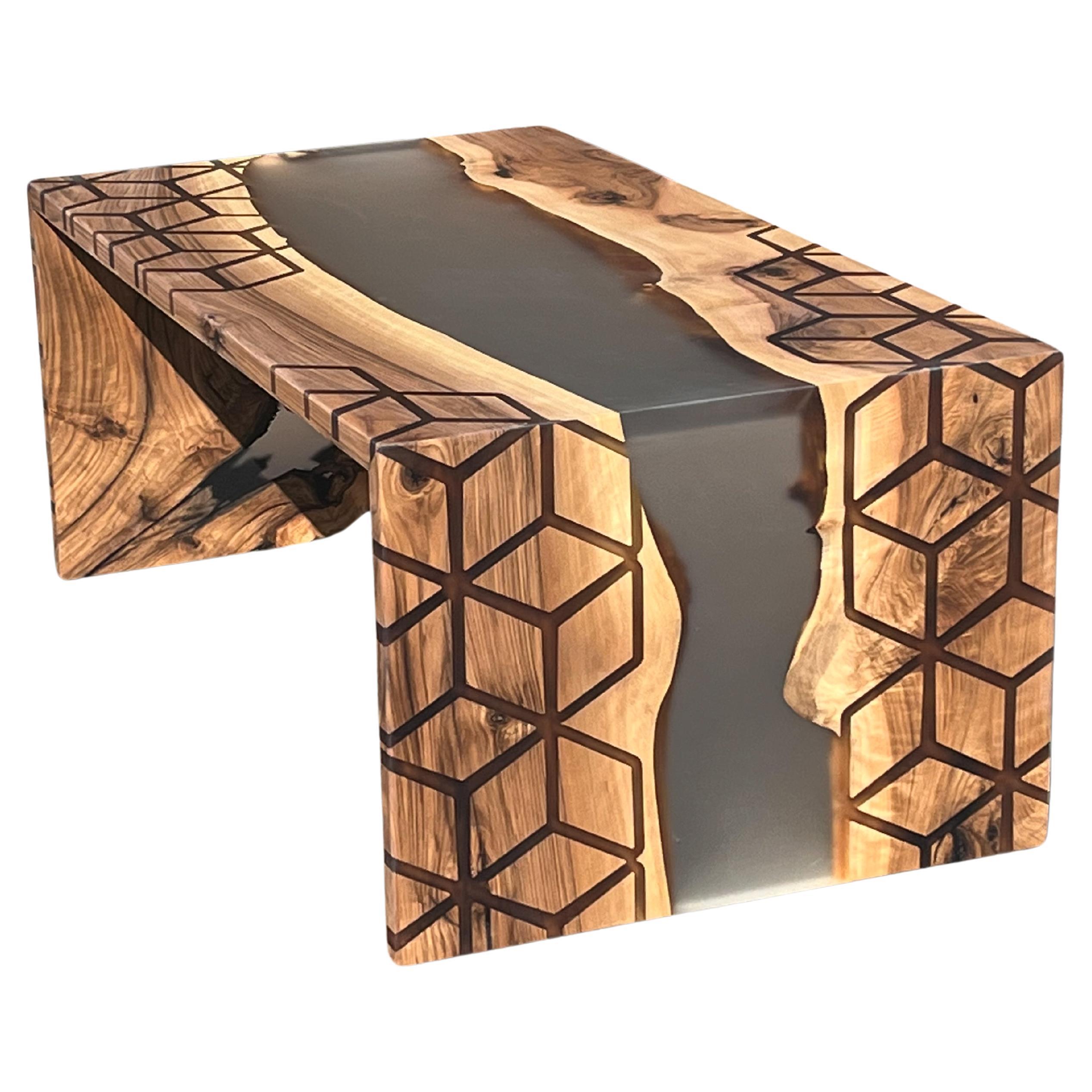 Arts and Crafts Table basse en résine époxy noyer Waterfall - Table de centre moderne en vente