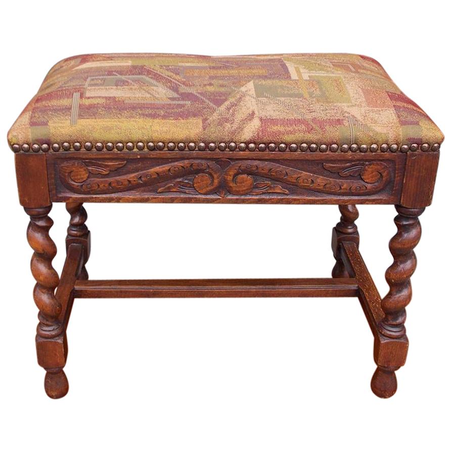 French Walnut Decorative Carved Upholstered Stool with Barley Twist Legs, C 1850 For Sale