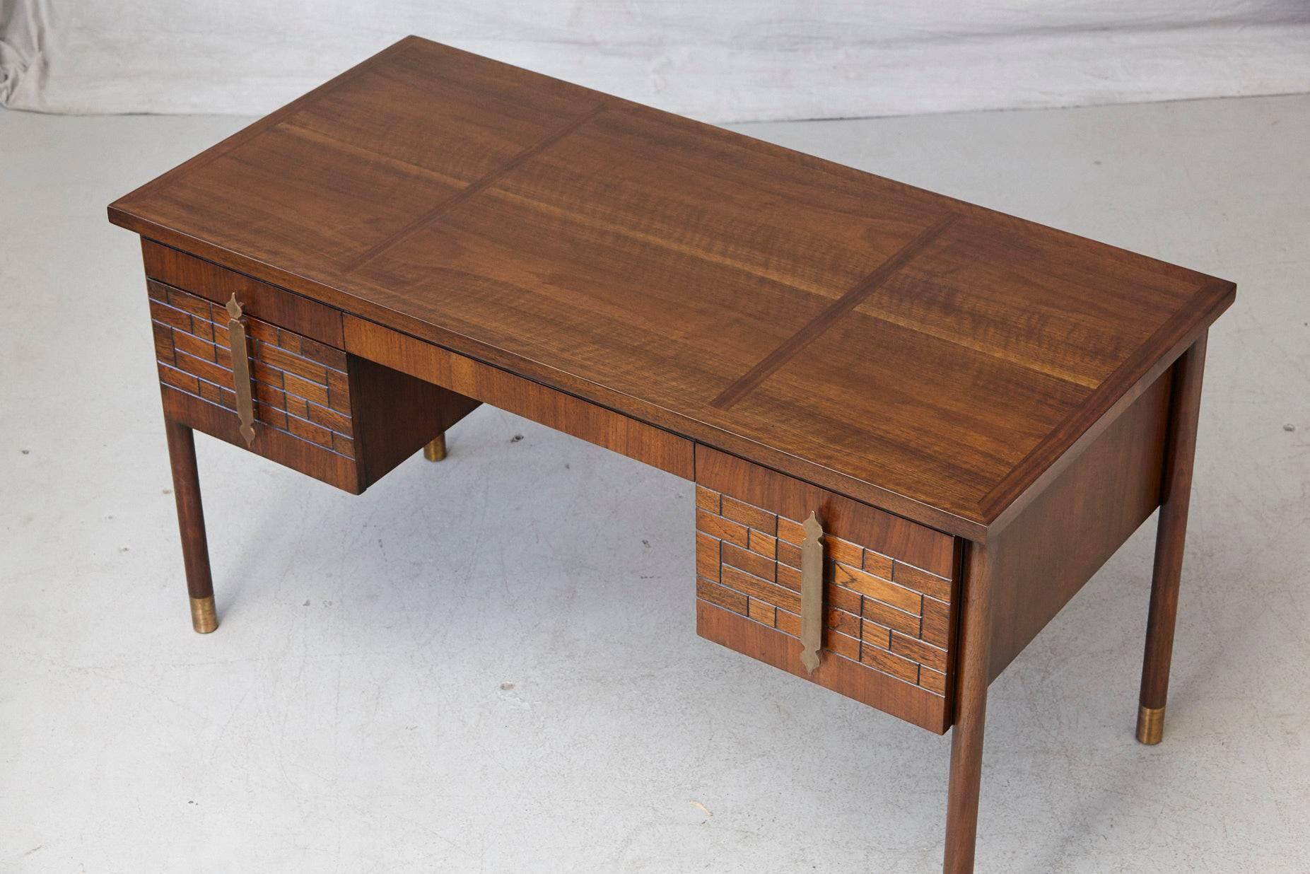 Walnut Desk with Graphic Wood Work and Brass Hardware, 1970s 4
