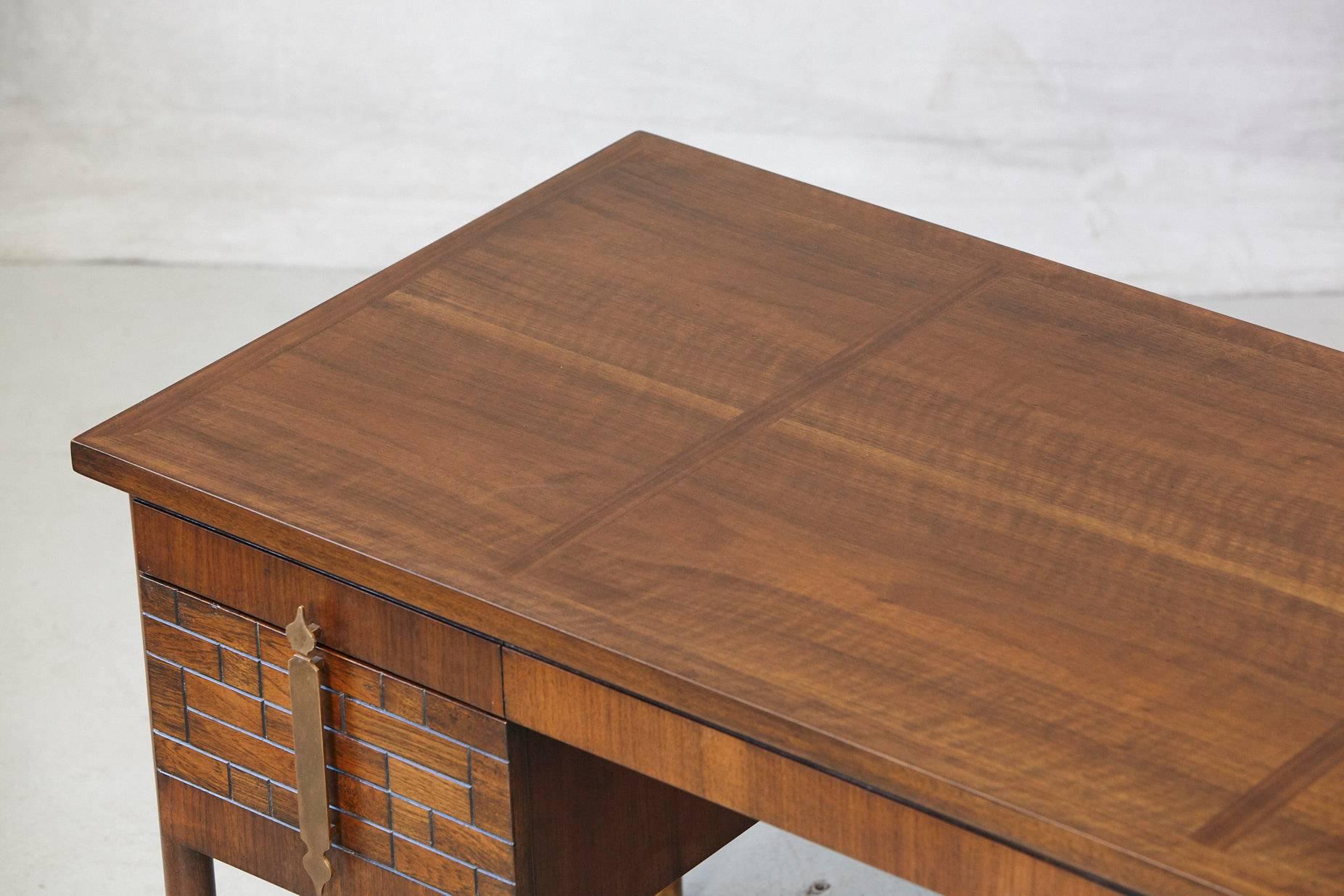 Walnut Desk with Graphic Wood Work and Brass Hardware, 1970s 5