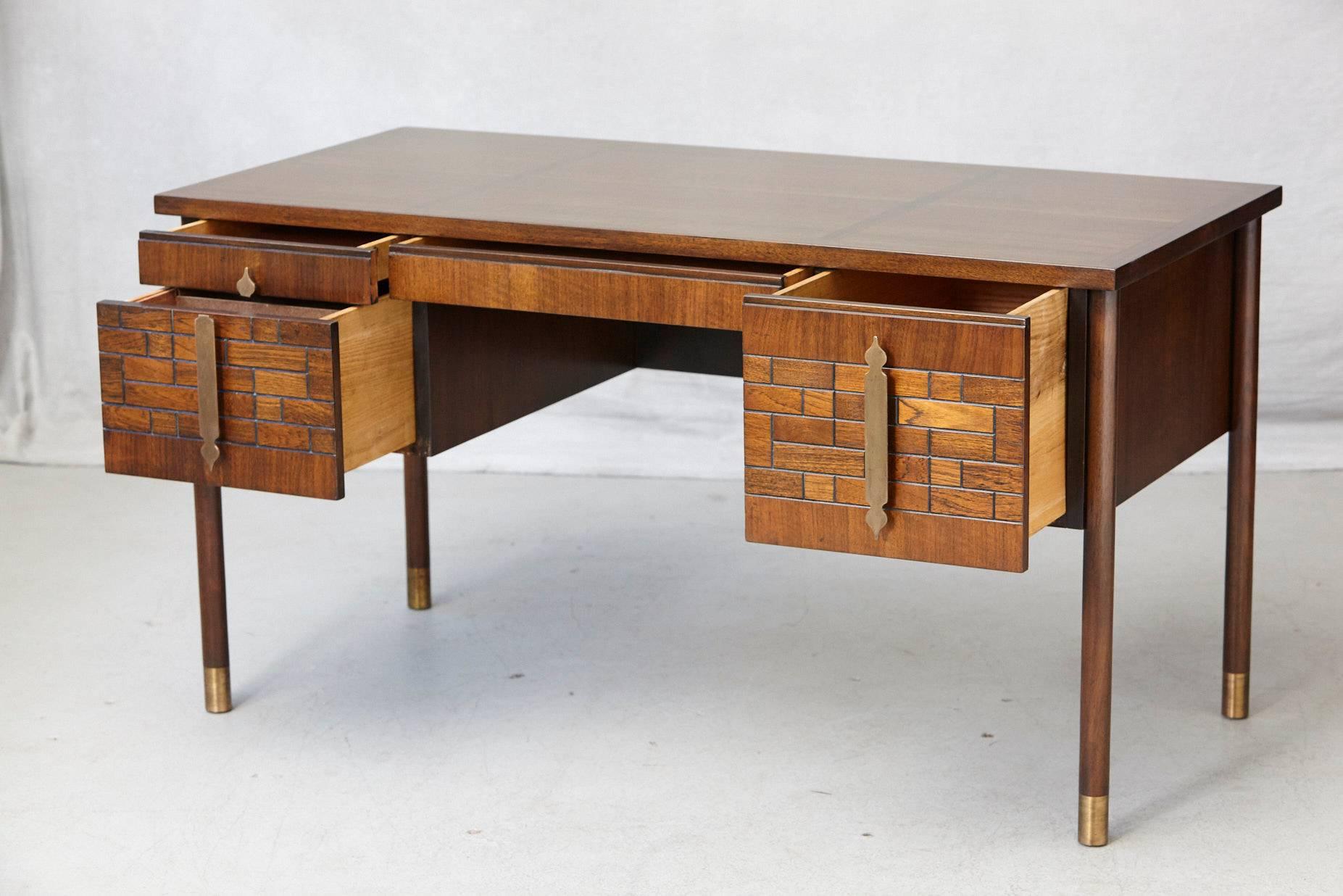 American Walnut Desk with Graphic Wood Work and Brass Hardware, 1970s