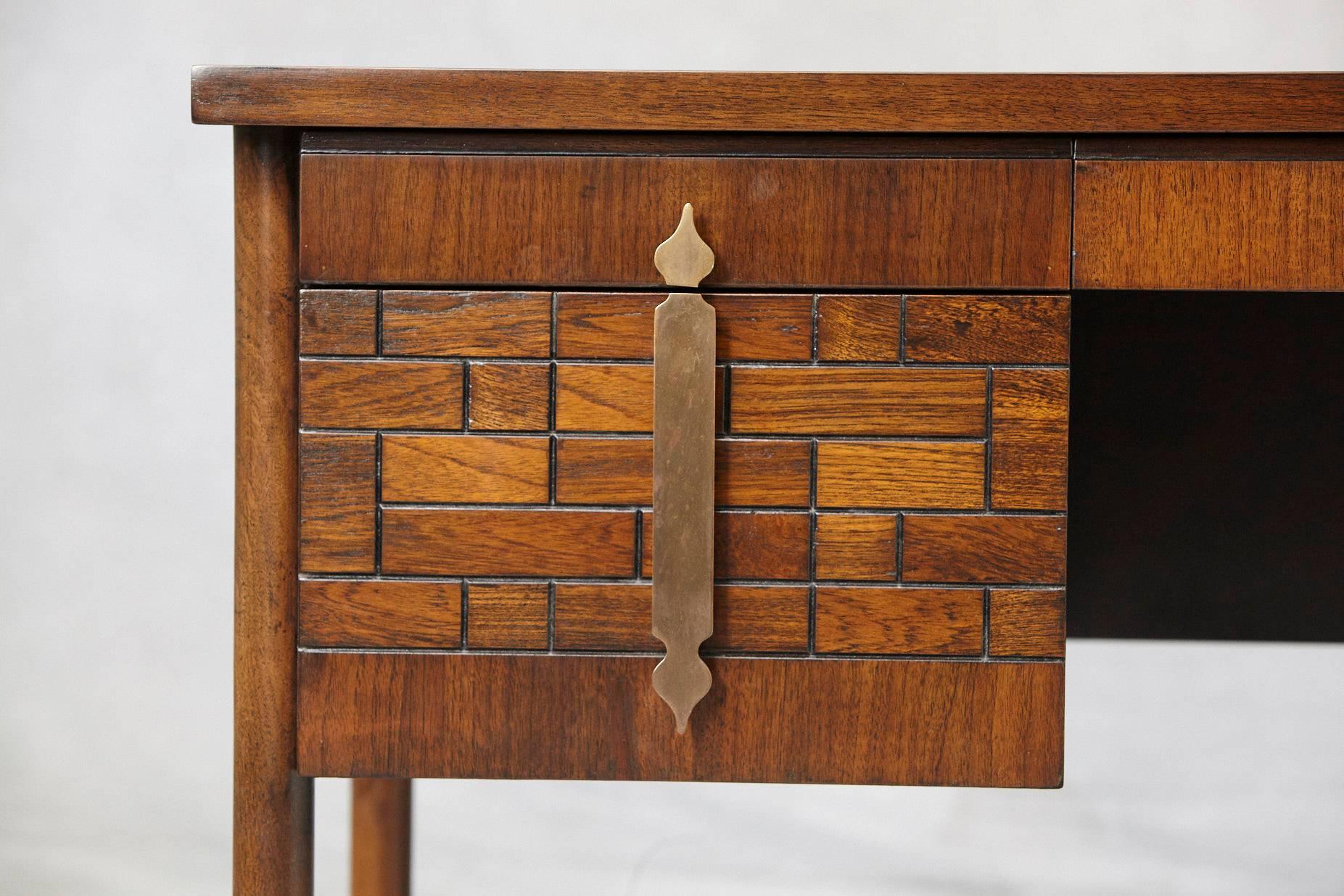 Late 20th Century Walnut Desk with Graphic Wood Work and Brass Hardware, 1970s