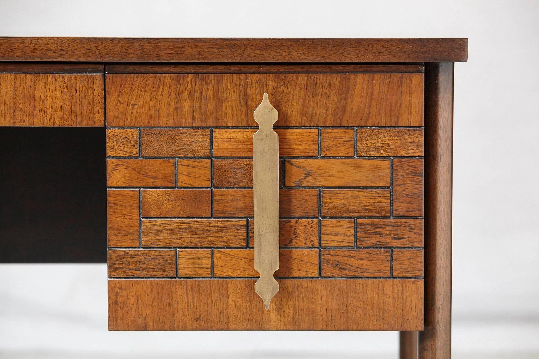 Walnut Desk with Graphic Wood Work and Brass Hardware, 1970s 1