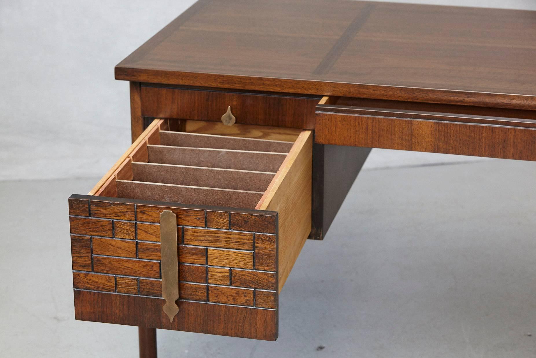 Walnut Desk with Graphic Wood Work and Brass Hardware, 1970s 3