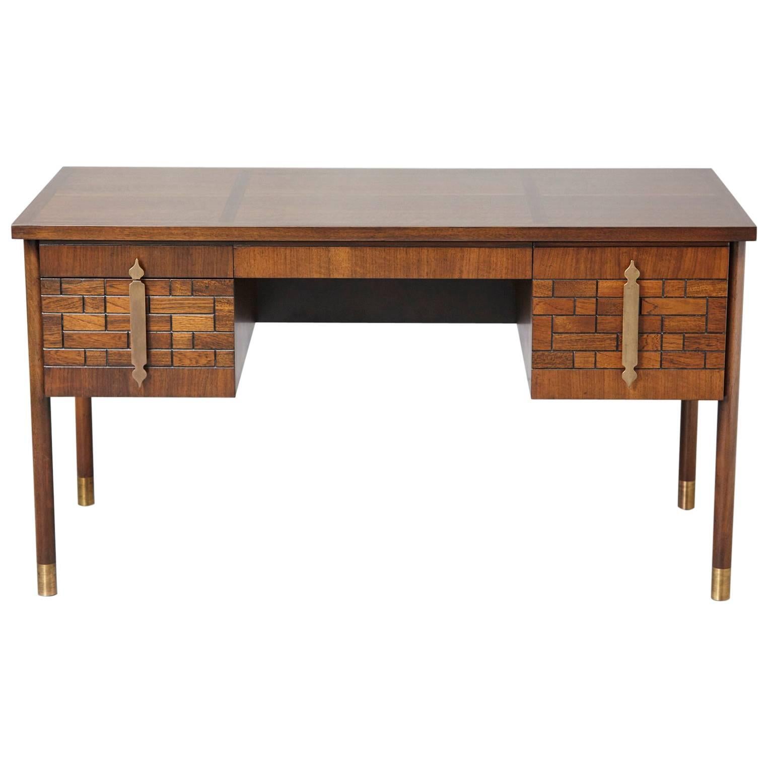 Walnut Desk with Graphic Wood Work and Brass Hardware, 1970s