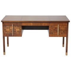 Walnut Desk with Graphic Wood Work and Brass Hardware, 1970s