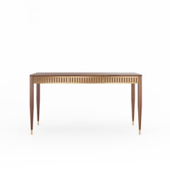 Walnut desk with three drawers with brass fronts in mid century modern style
