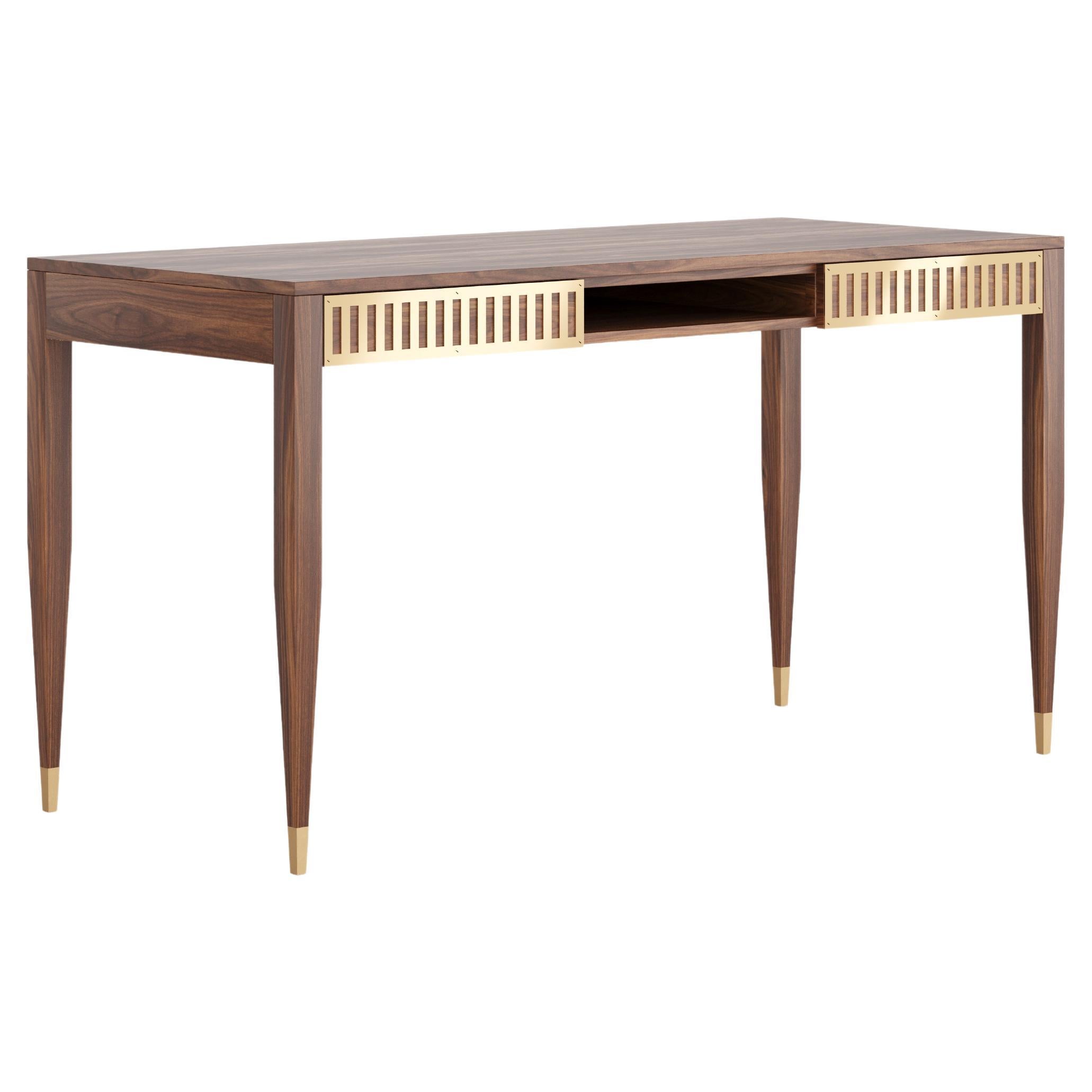 Walnut desk with two drawers, shelf and brass fronts in mid century modern style