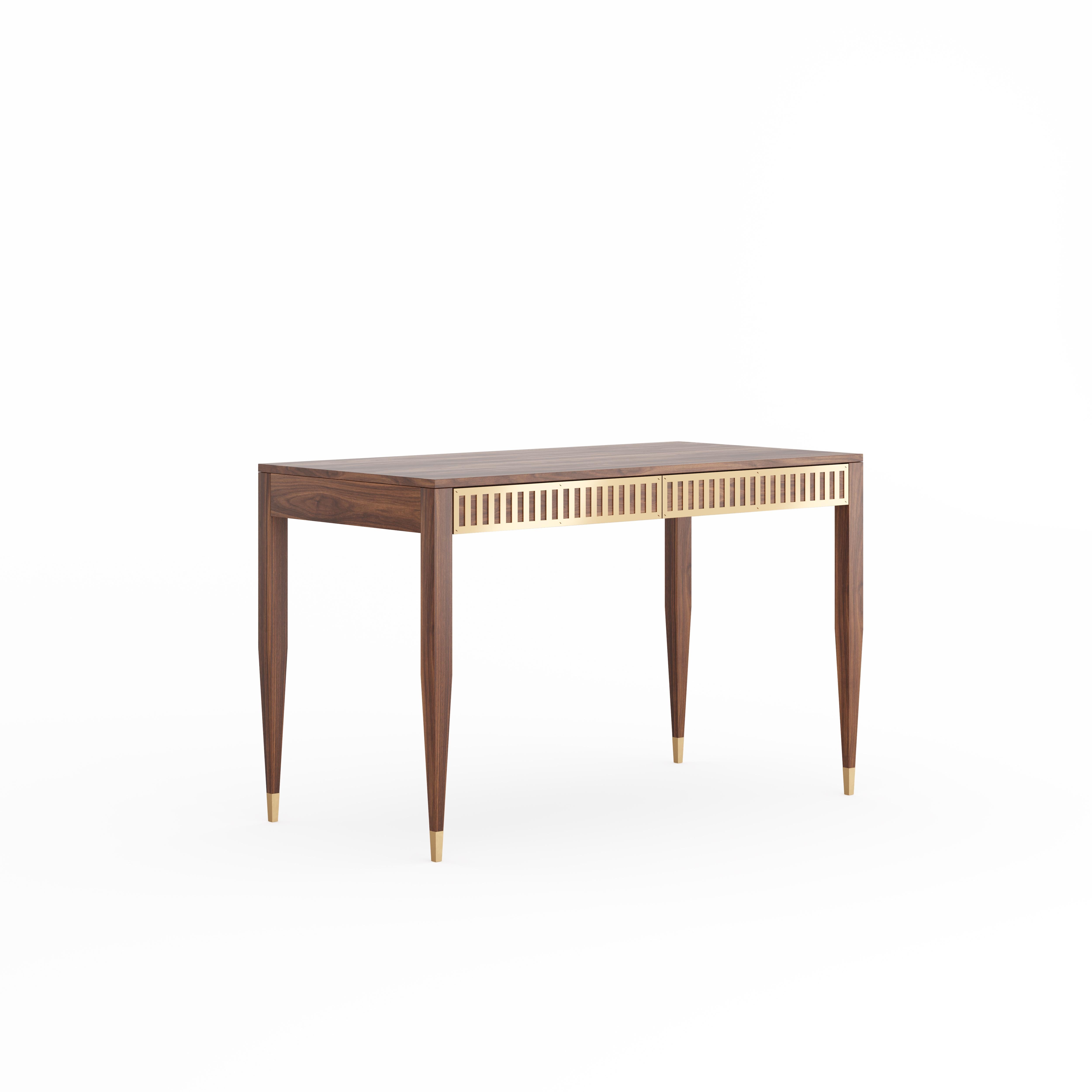 Mid-Century Modern Walnut desk with two drawers with brass fronts in mid century modern style For Sale