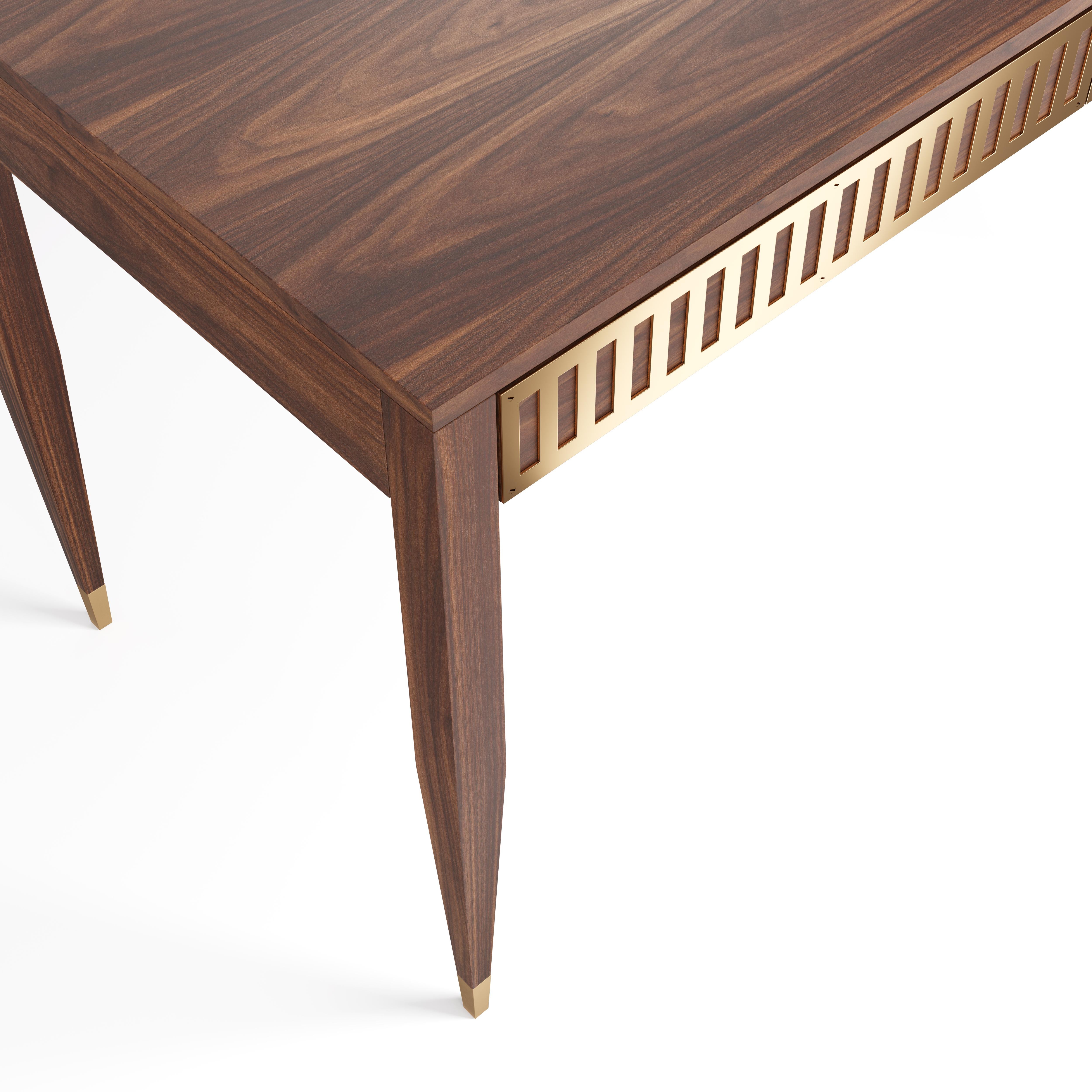 European Walnut desk with two drawers with brass fronts in mid century modern style For Sale