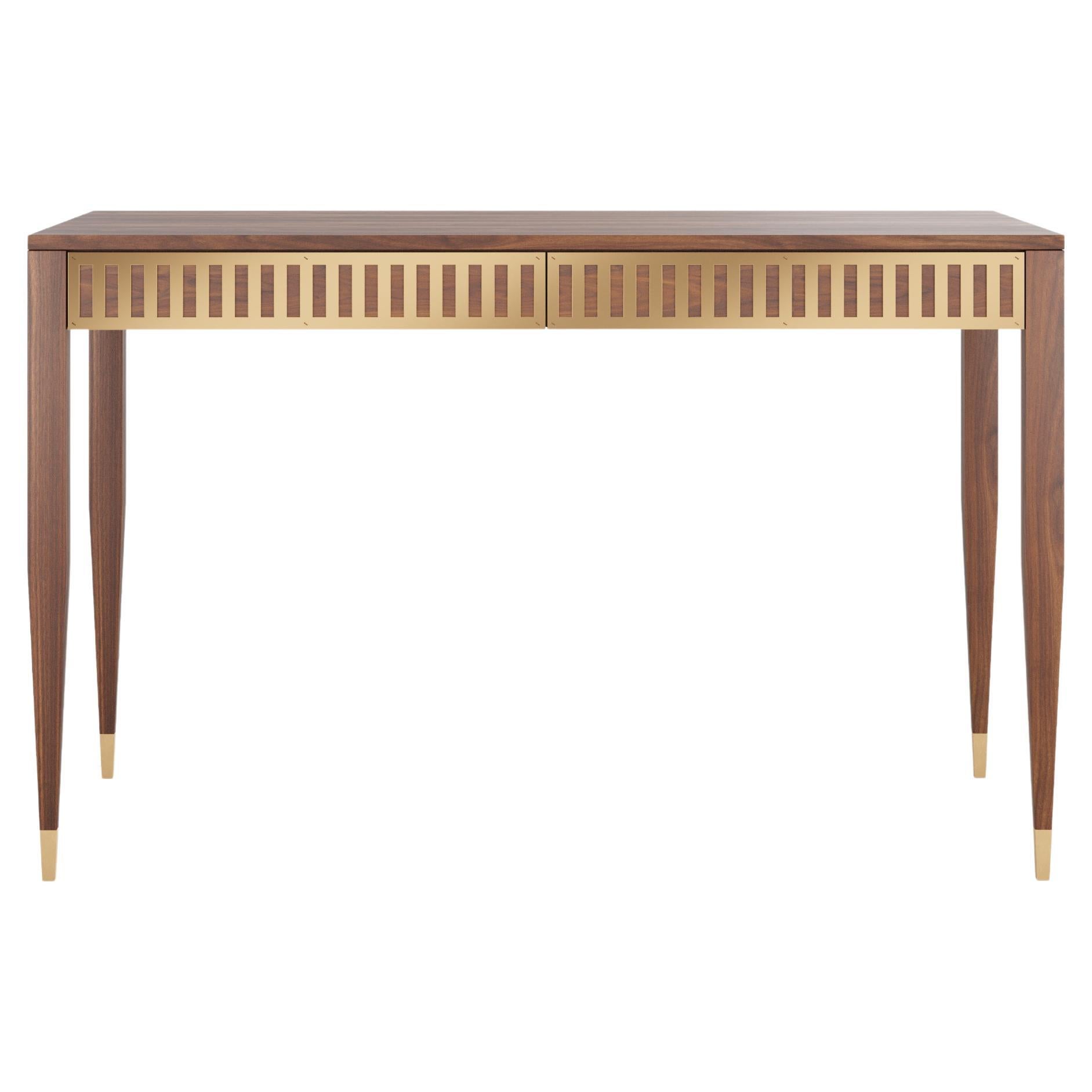 Walnut desk with two drawers with brass fronts in mid century modern style For Sale