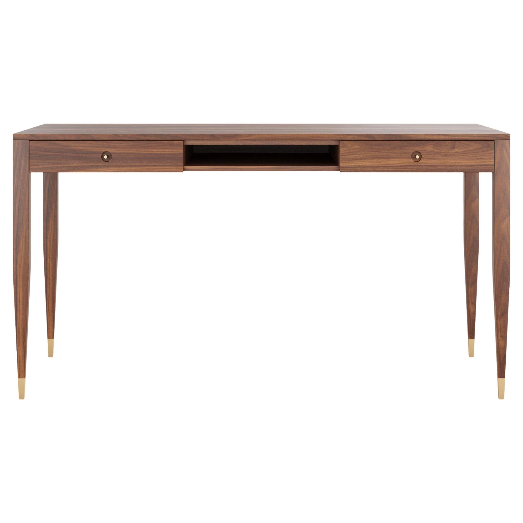 Walnut desk with two solid drawers and shelf in mid century modern style