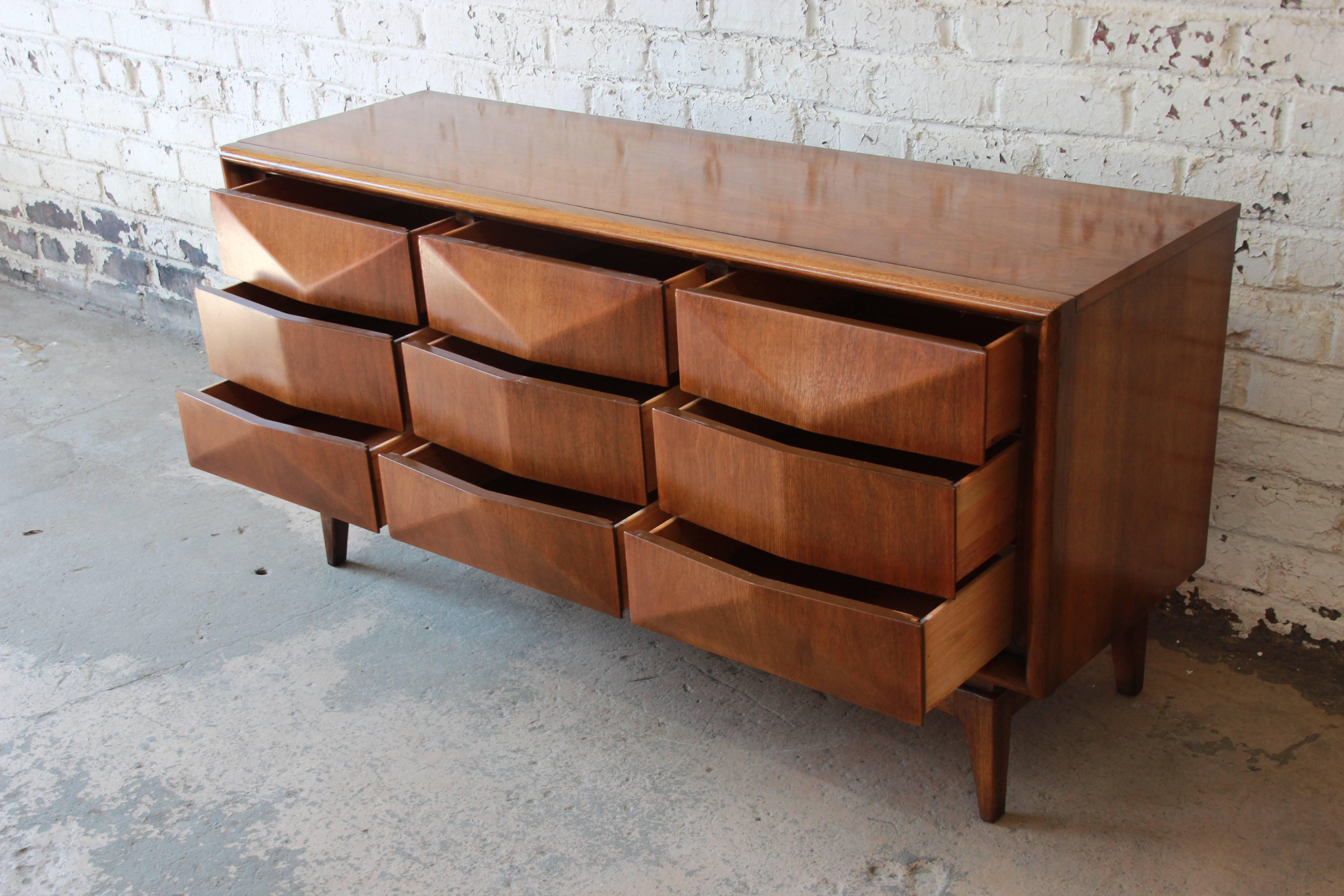 Walnut Diamond Front Long Dresser or Credenza by United 3