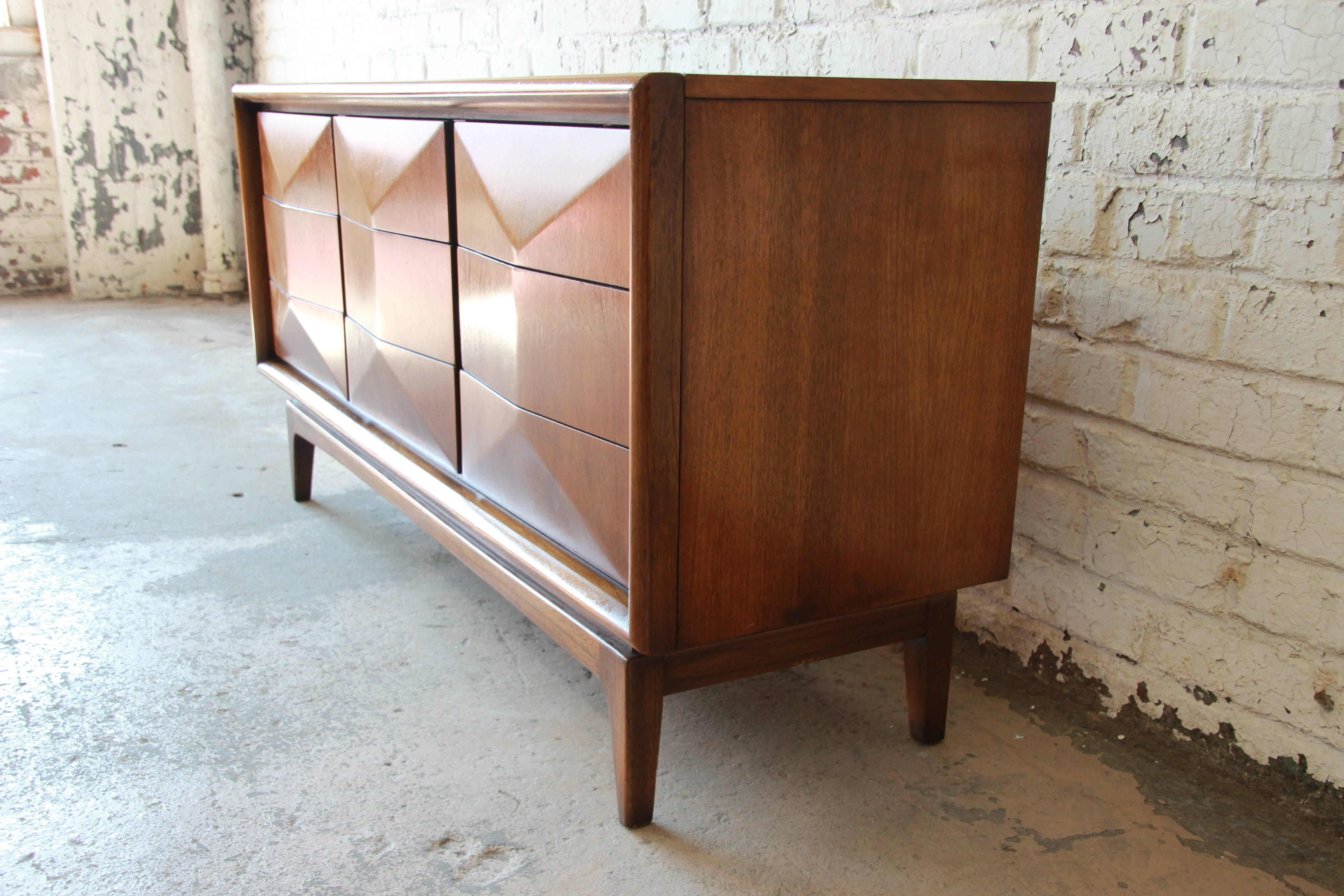 Walnut Diamond Front Long Dresser or Credenza by United 4