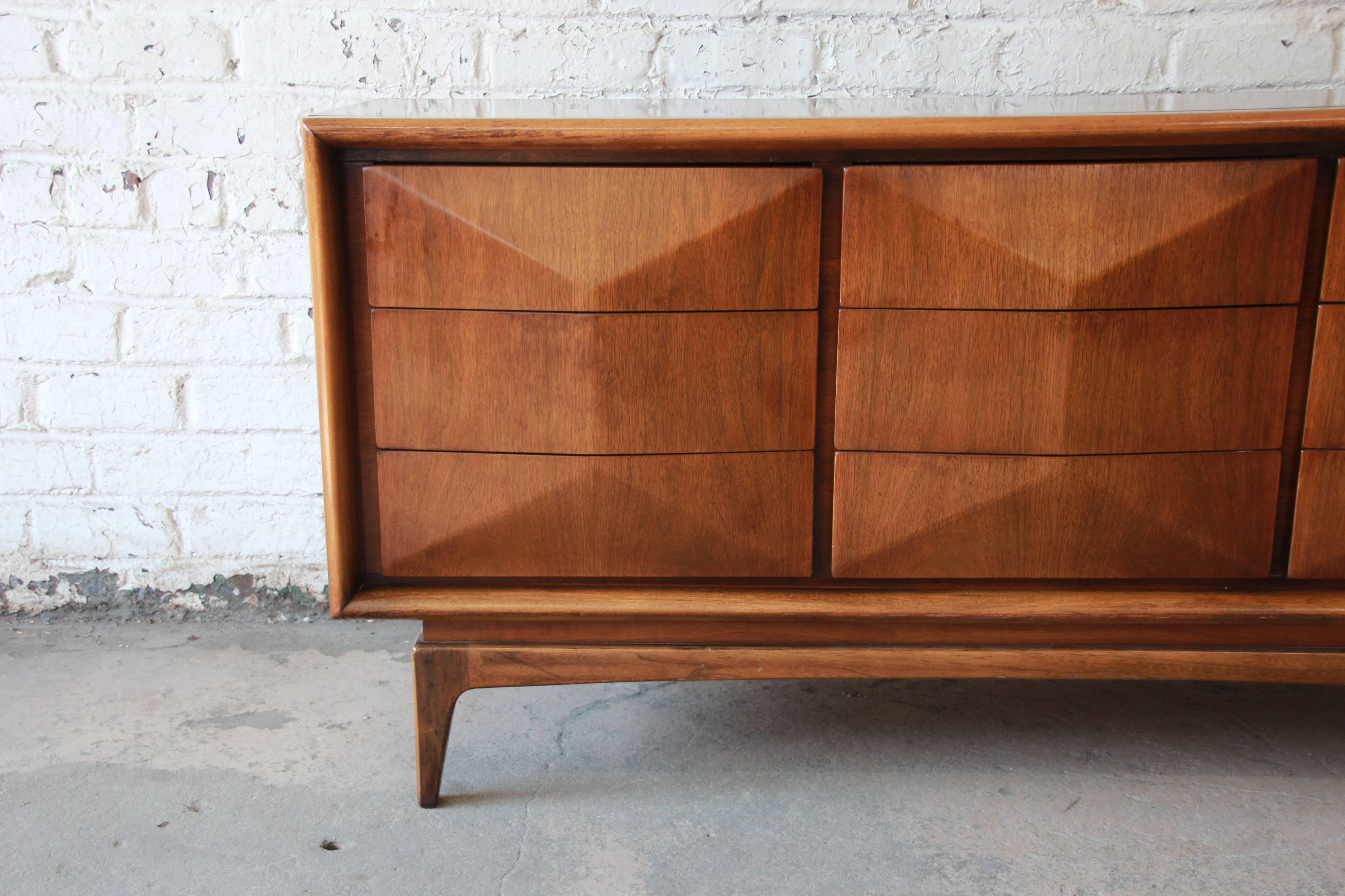 Walnut Diamond Front Long Dresser or Credenza by United In Good Condition In South Bend, IN